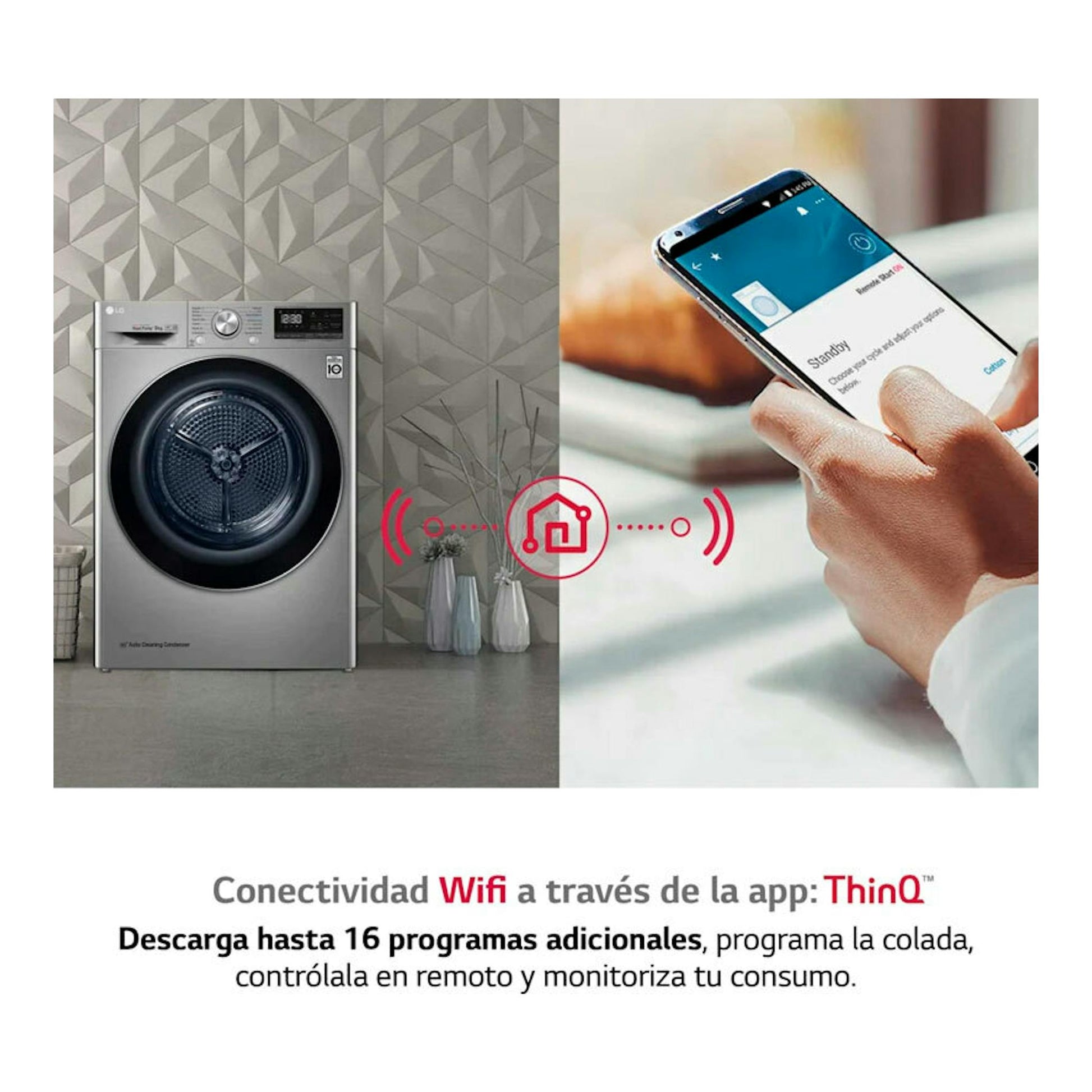 Secadora LG RH90V9PV2N plateada, vista frontal, junto a un móvil con la app ThinQ.
