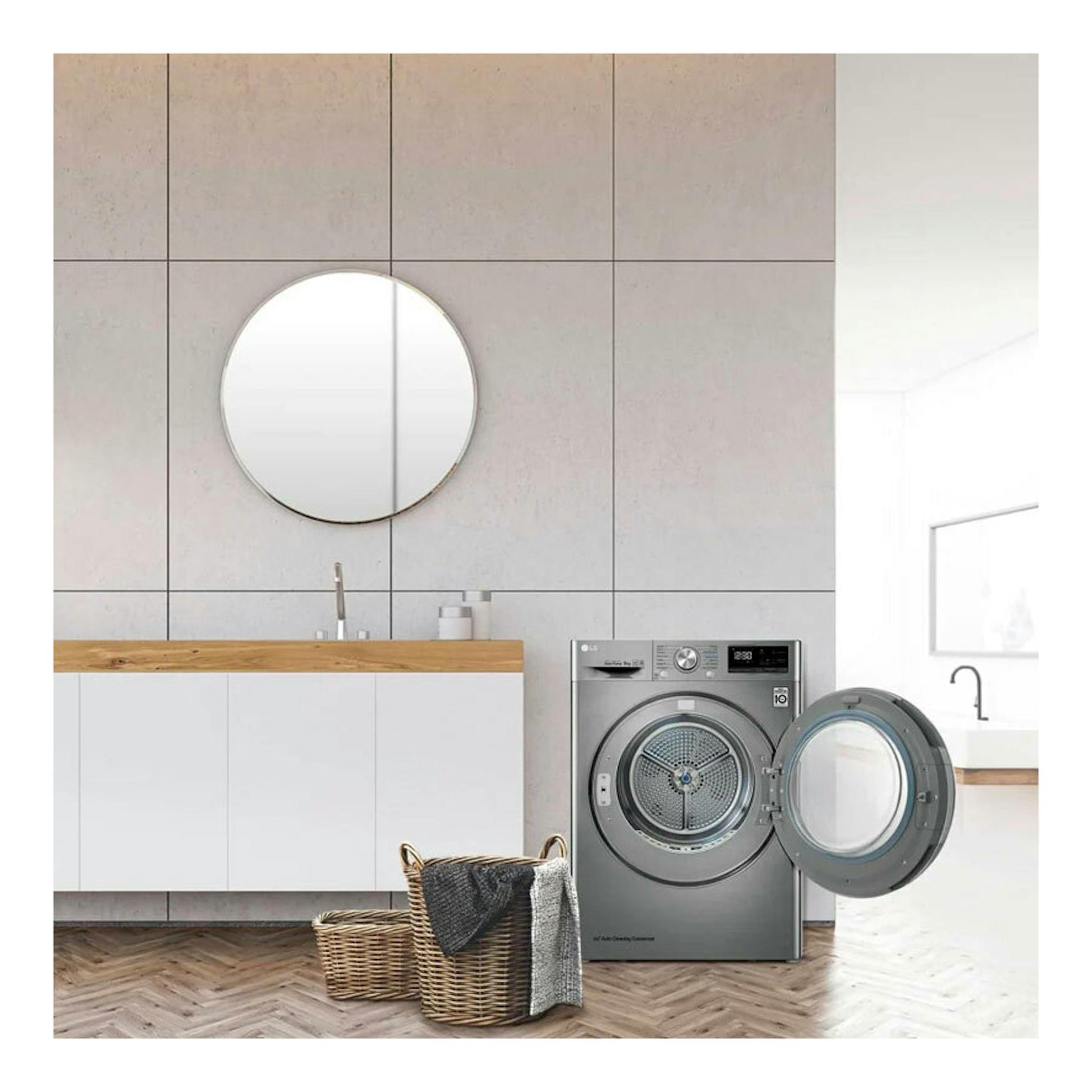 Secadora LG RH90V9PV2N de 9 kg, plateada, vista frontal, con la puerta abierta.