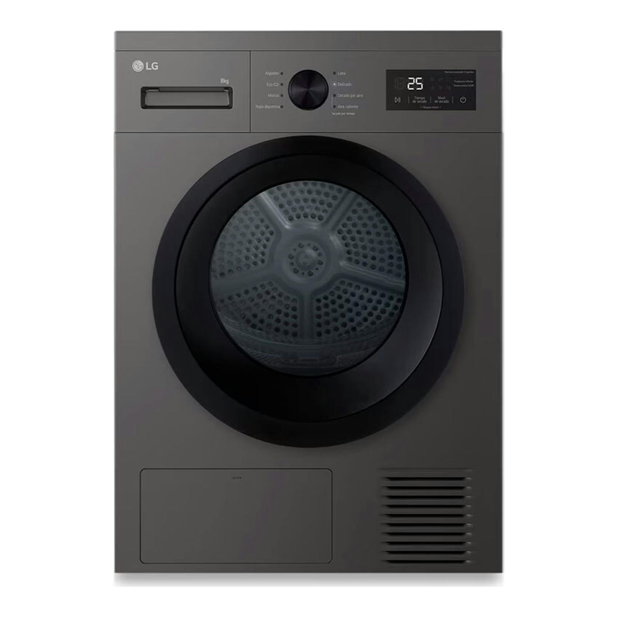 Secadora LG RHA1008NDK de 8 kg, vista frontal, color gris con puerta circular negra y panel digital.