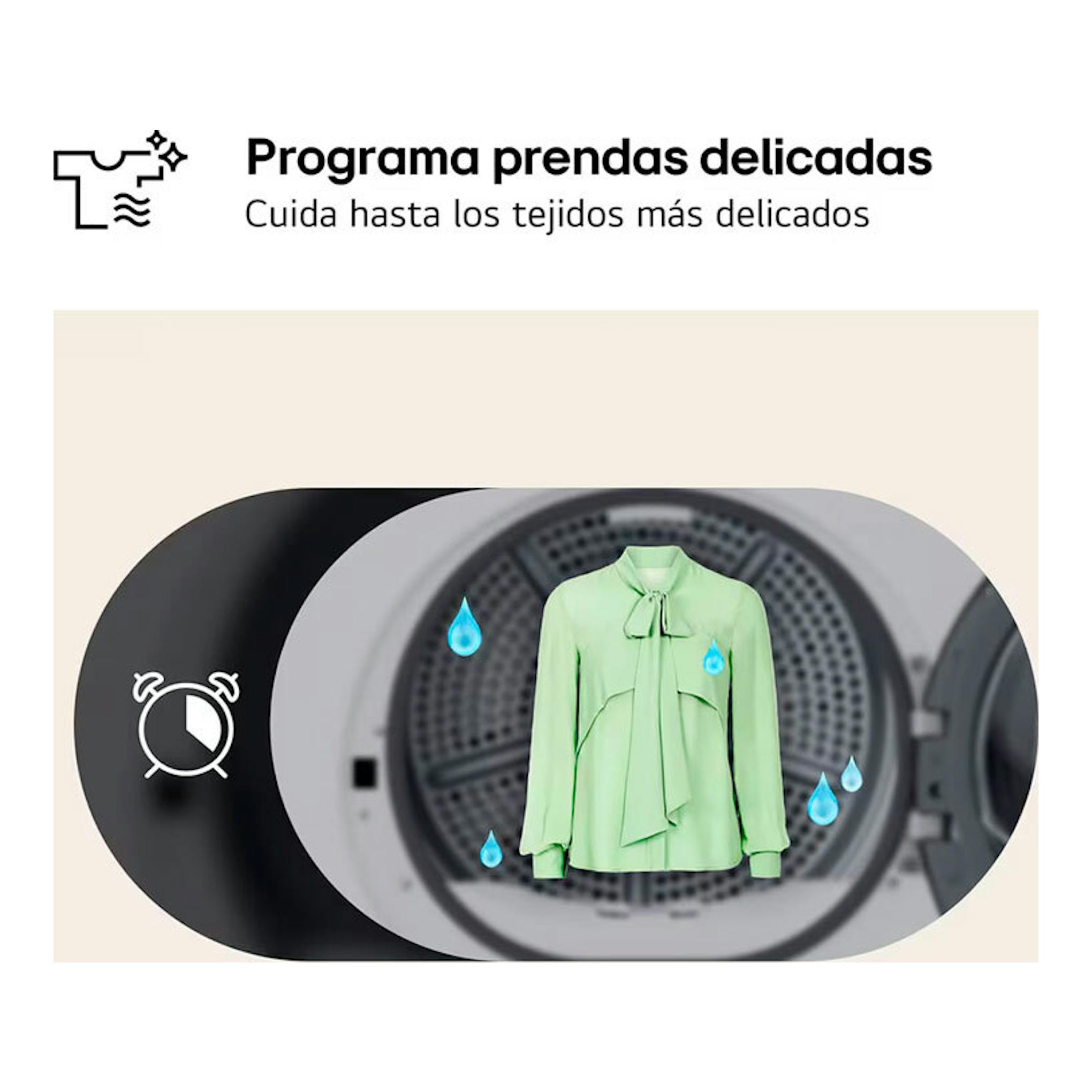 Infografía de la secadora LG RHA1008NDK con camisa verde en el tambor y texto de programa para prendas delicadas.