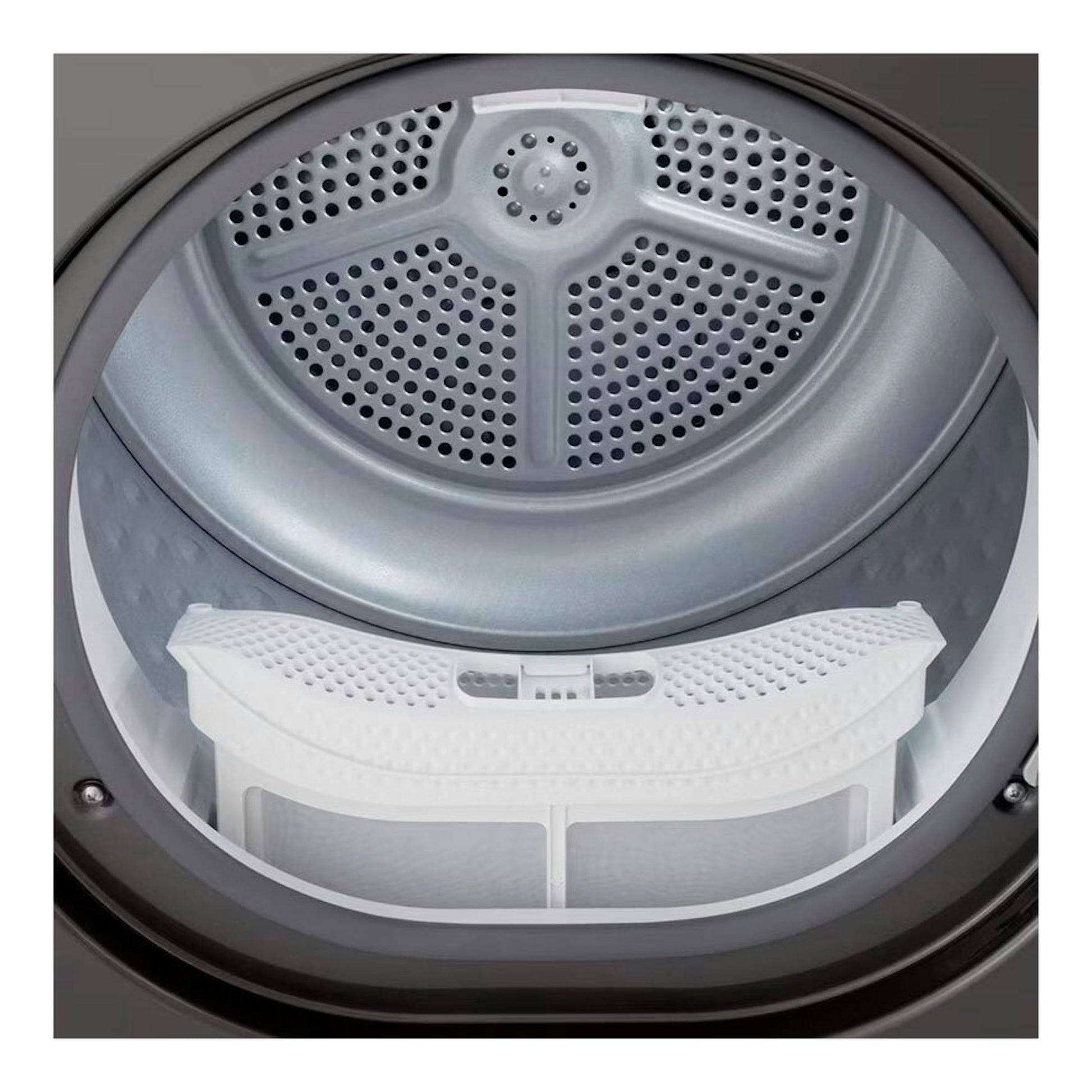 Interior de secadora LG RHA1008NDK gris, vista frontal del tambor con filtro blanco en la parte inferior.