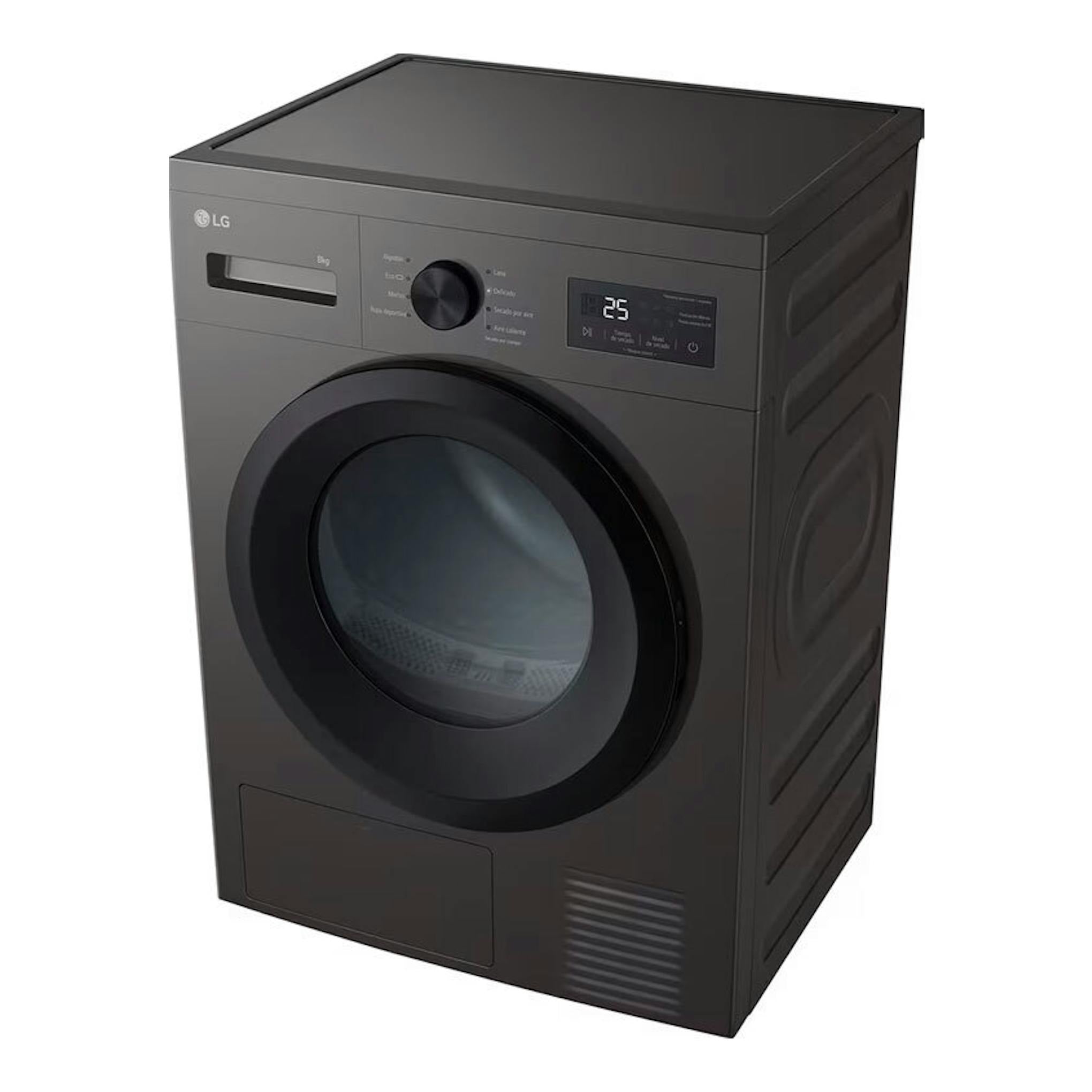Secadora LG RHA1008NDK negra, vista frontal en ángulo, con puerta circular y panel digital.