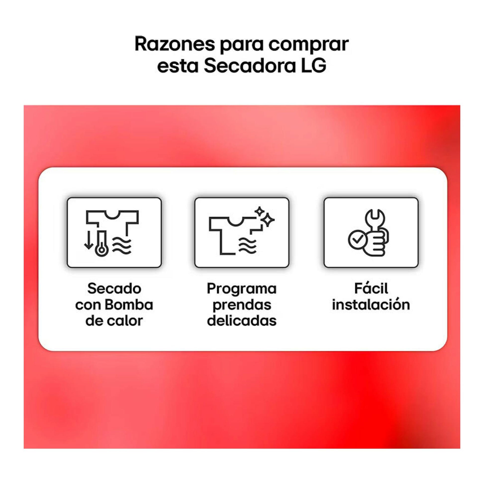Infografía de la secadora LG RHA1008NDK con iconos de bomba de calor, programa delicado y fácil instalación.