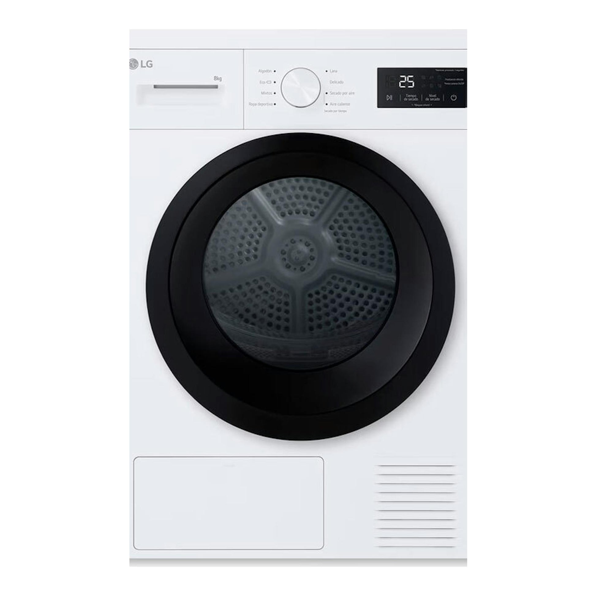 Secadora LG RHA1008NWK de 8 kg, blanca, vista frontal, con puerta circular negra y panel digital superior.