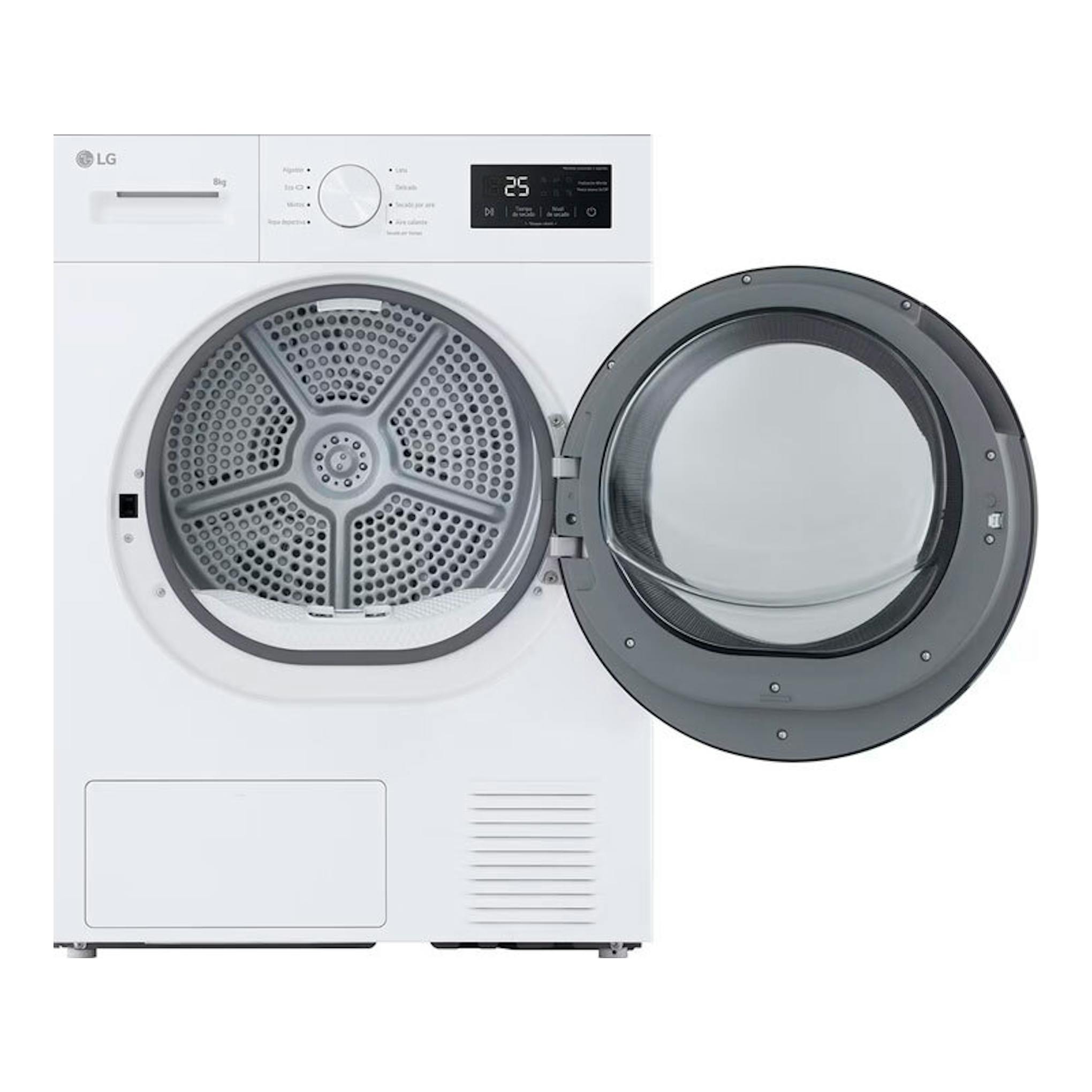 Secadora LG RHA1008NWK 8 kg blanca, vista frontal, con puerta redonda gris abierta.