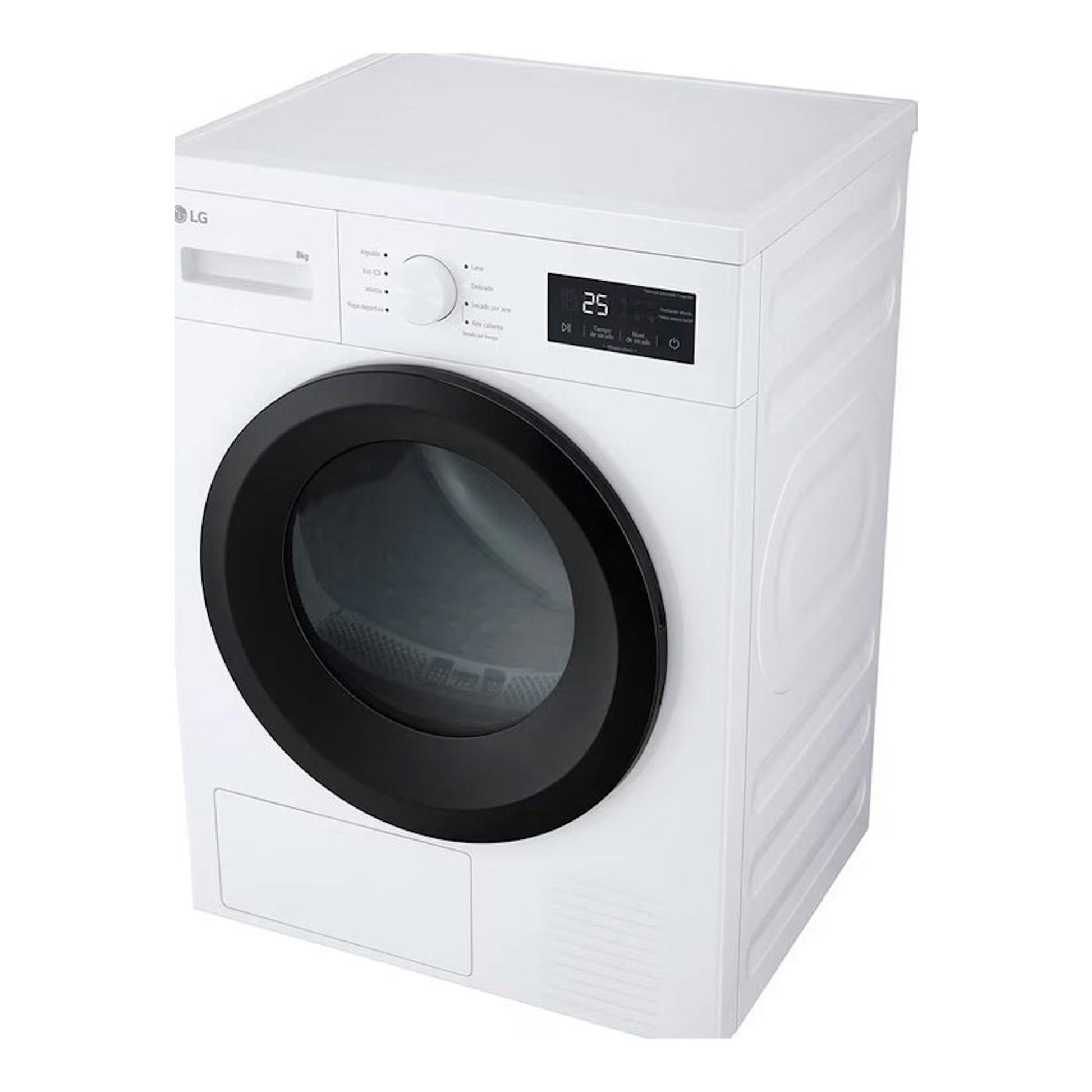 Secadora LG RHA1008NWK blanca, vista frontal en ángulo, con puerta negra circular y panel digital.
