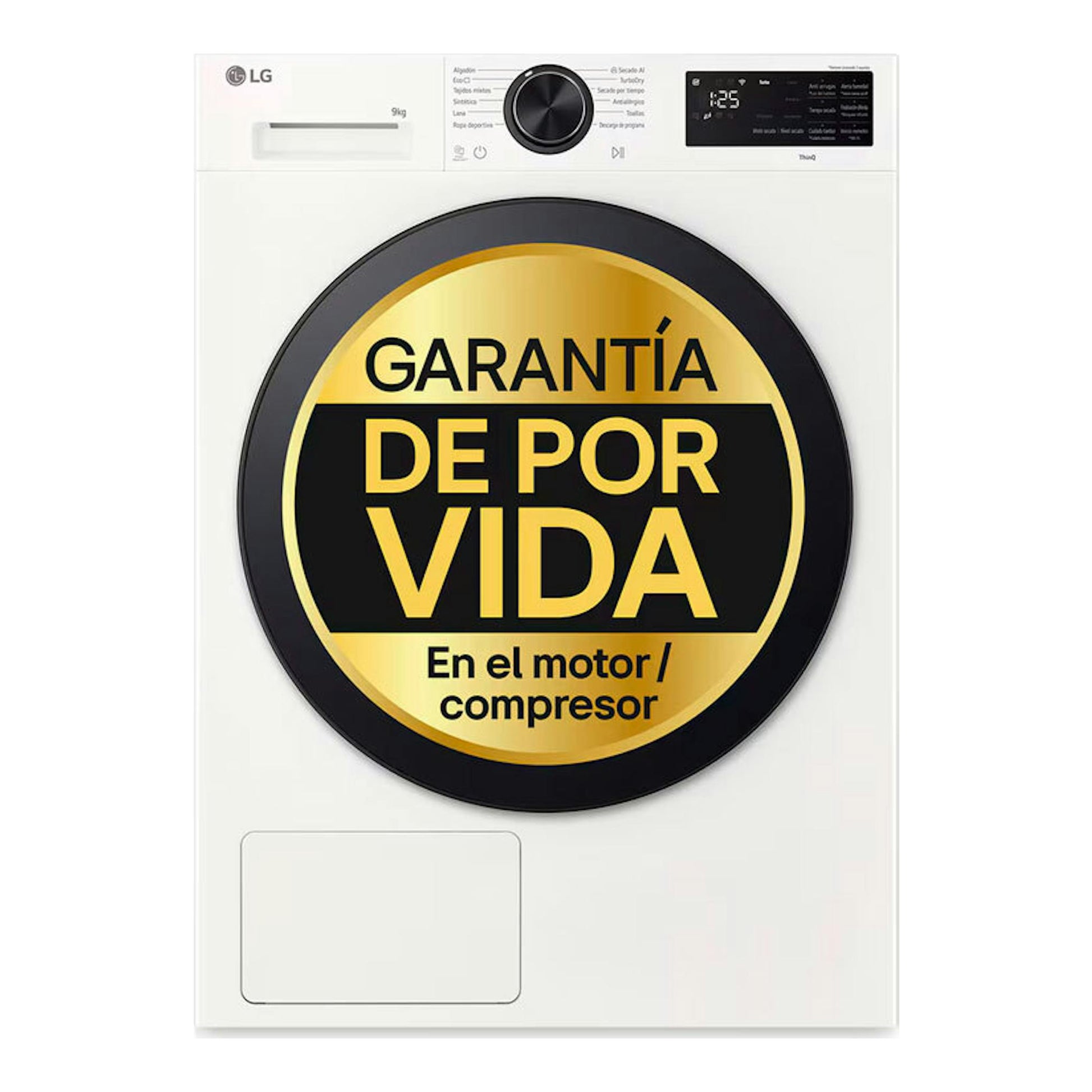 Secadora LG RHX5009TLB blanca, vista frontal, 9 kg, con panel digital y sello circular de garantía.
