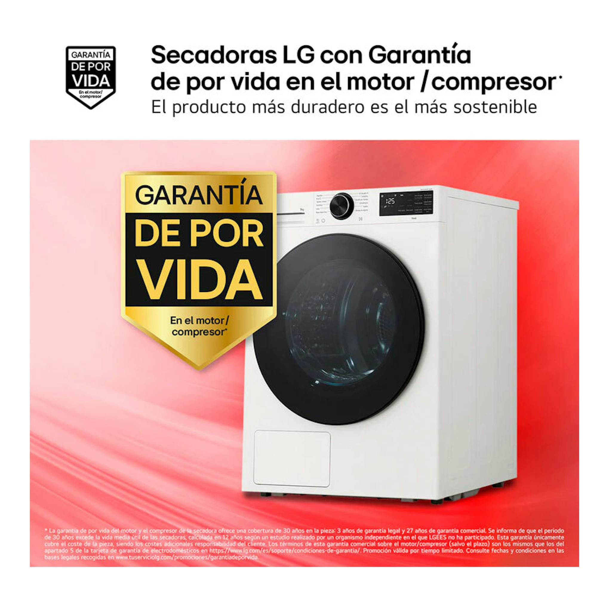 Secadora LG RHX5009TLB blanca, vista frontal inclinada, con puerta negra y fondo rojo promocional.