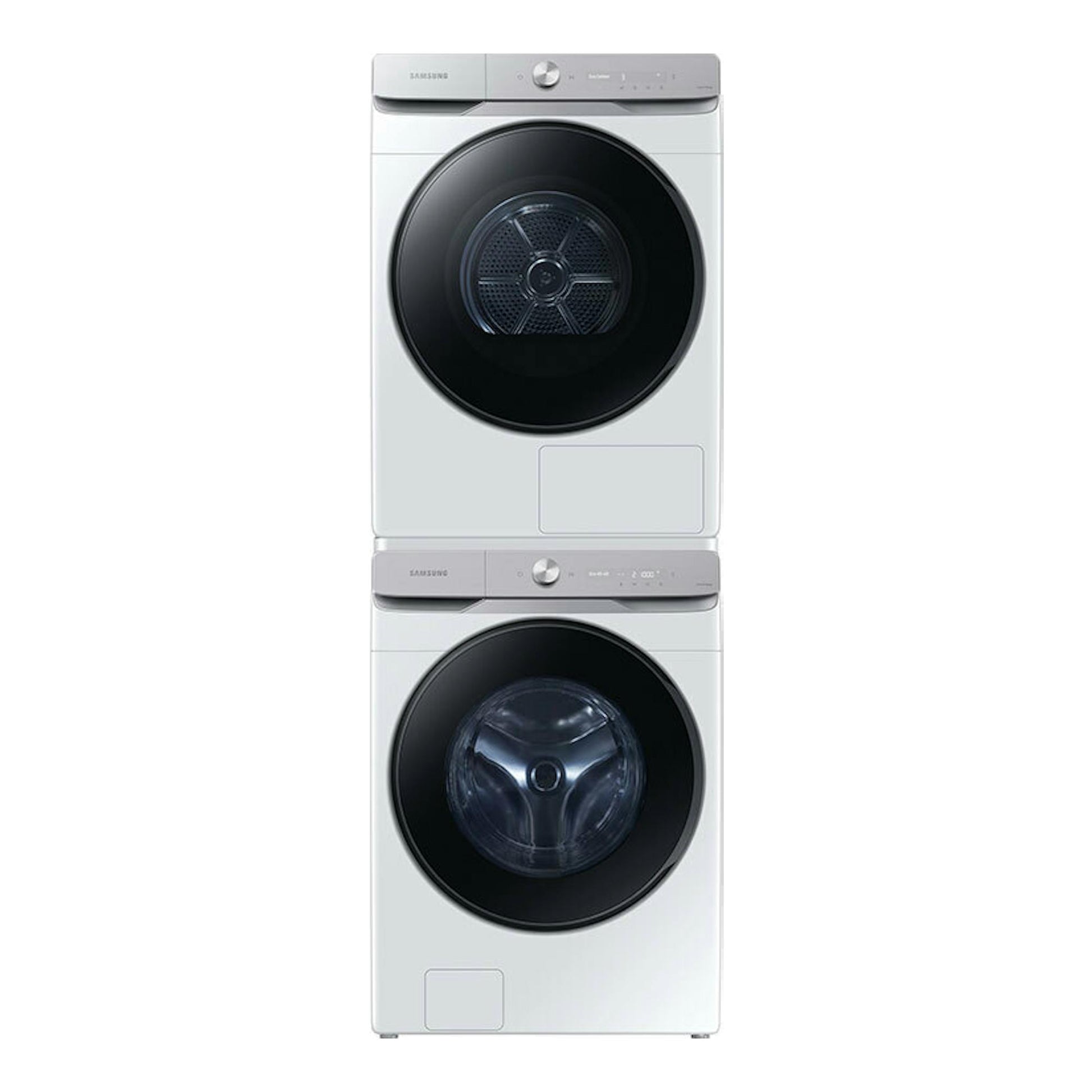 Secadora Samsung DV16DG8600BWU3 blanca, vista frontal, apilada sobre lavadora Samsung.