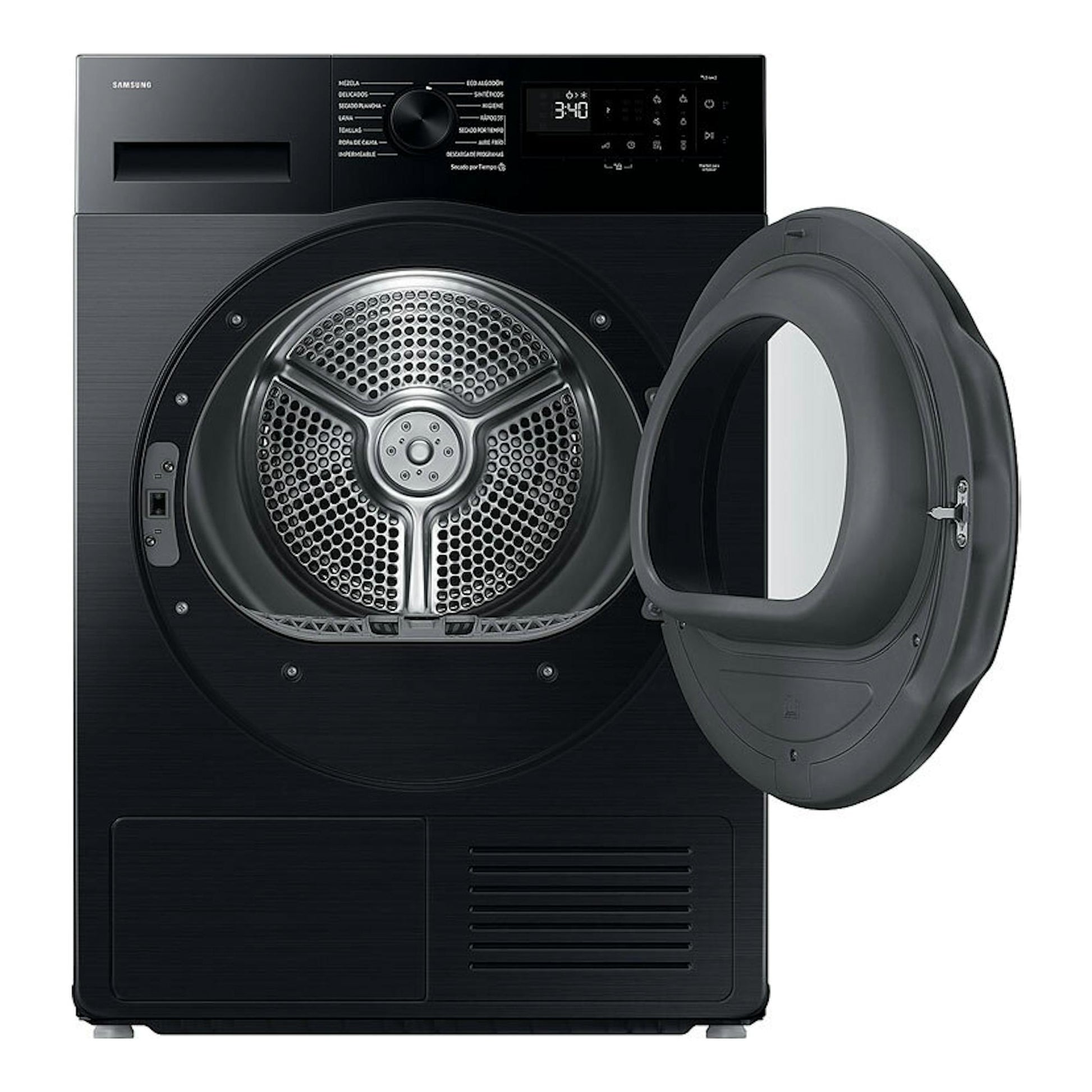 Secadora Samsung DV90DG52A0ABEC negra, vista frontal, con puerta abatible abierta y panel superior digital.
