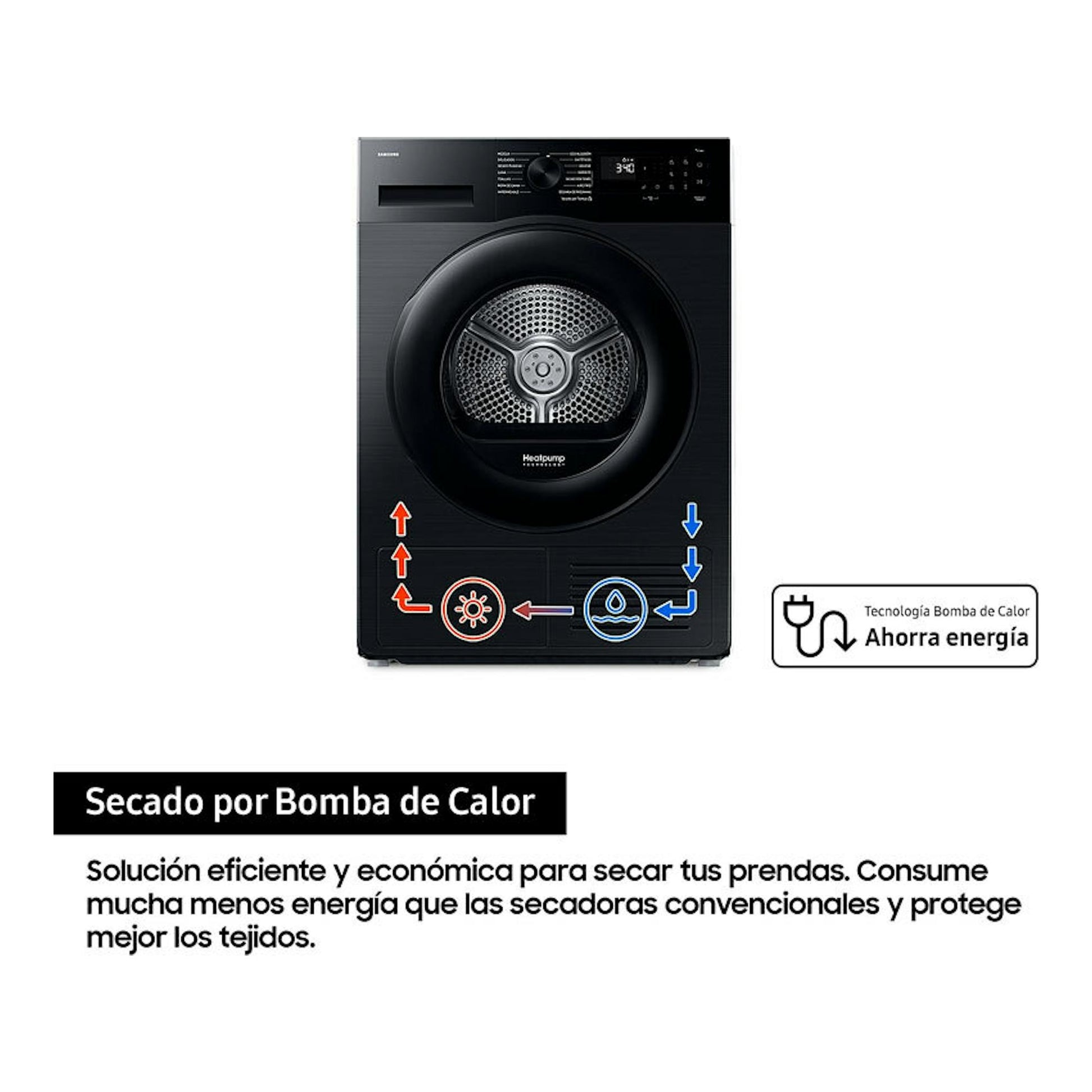 Secadora Samsung DV90DG52A0ABEC negra, vista frontal, con puerta circular y pantalla superior.