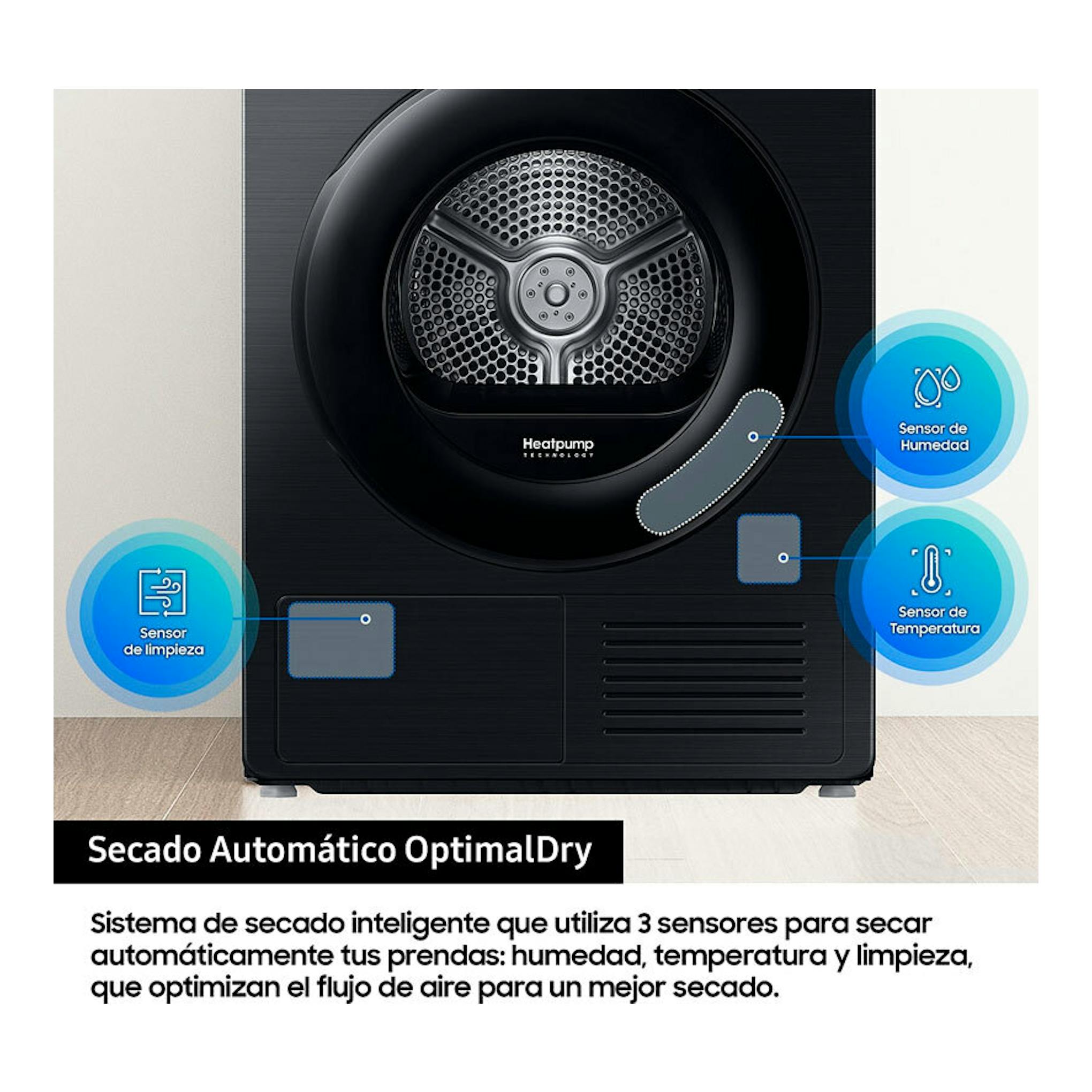 Secadora Samsung DV90DG52A0ABEC negra, vista frontal, con puerta circular y panel Heatpump, 9 kg.