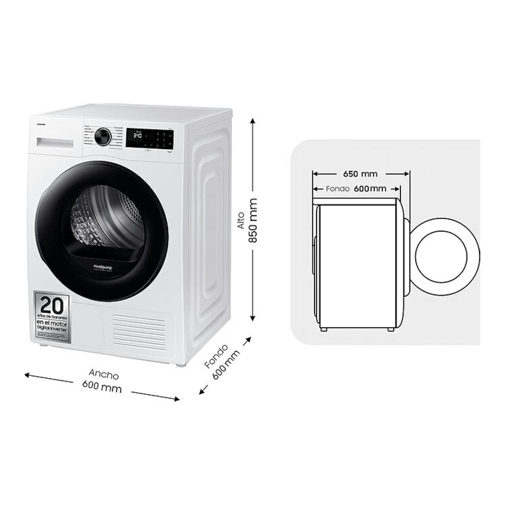 Secadora Samsung DV90DG52A0AEEC blanca, vista frontal y lateral, con medidas 600x600x850 mm.
