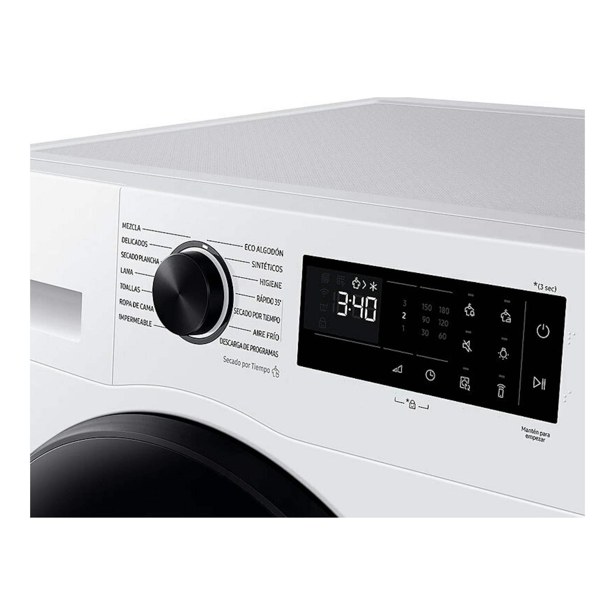 Secadora Samsung DV90DG52A0AEEC blanca, vista frontal inclinada, con selector negro y panel digital.