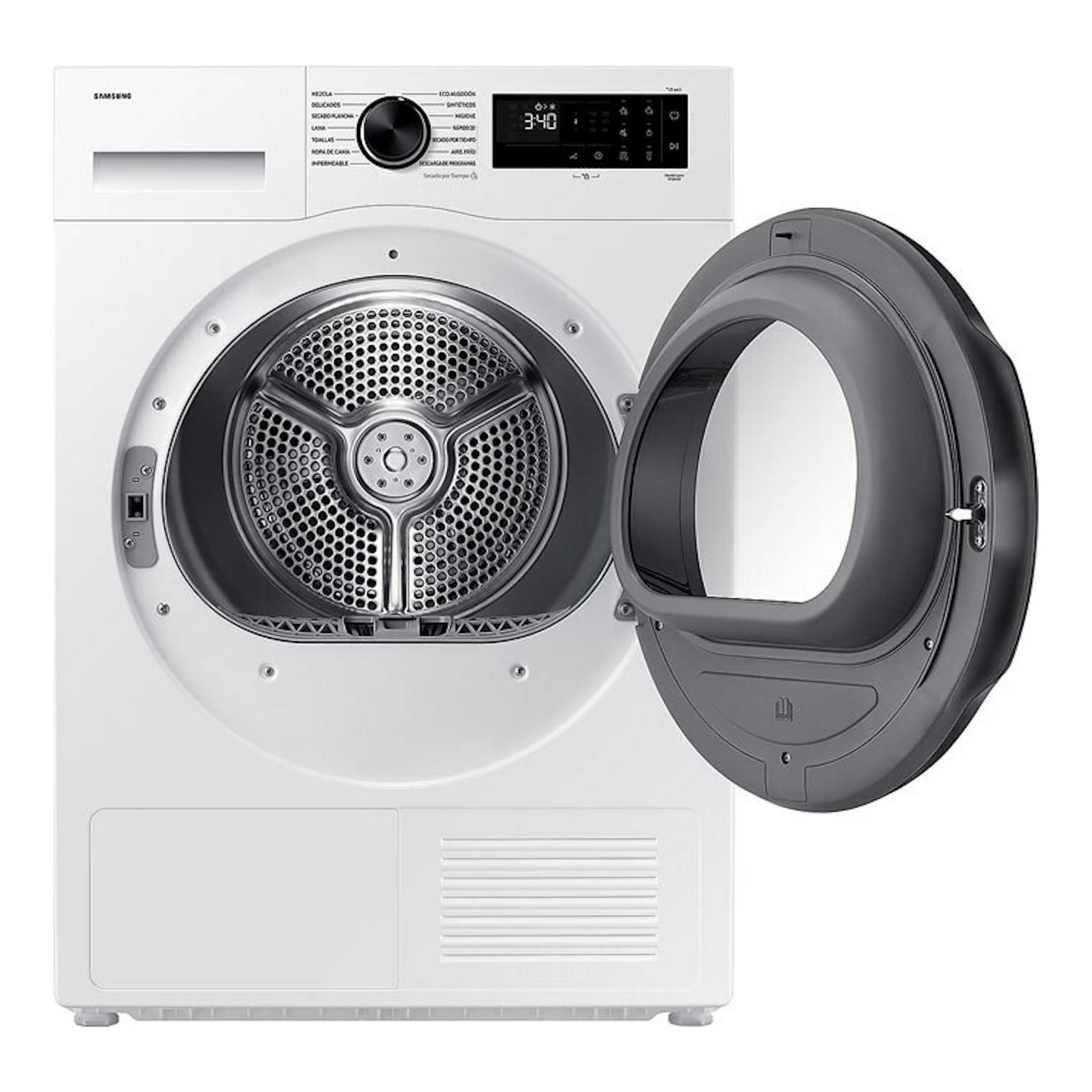 Secadora Samsung DV90DG52A0AEEC blanca, vista frontal con la puerta abierta y panel digital superior.