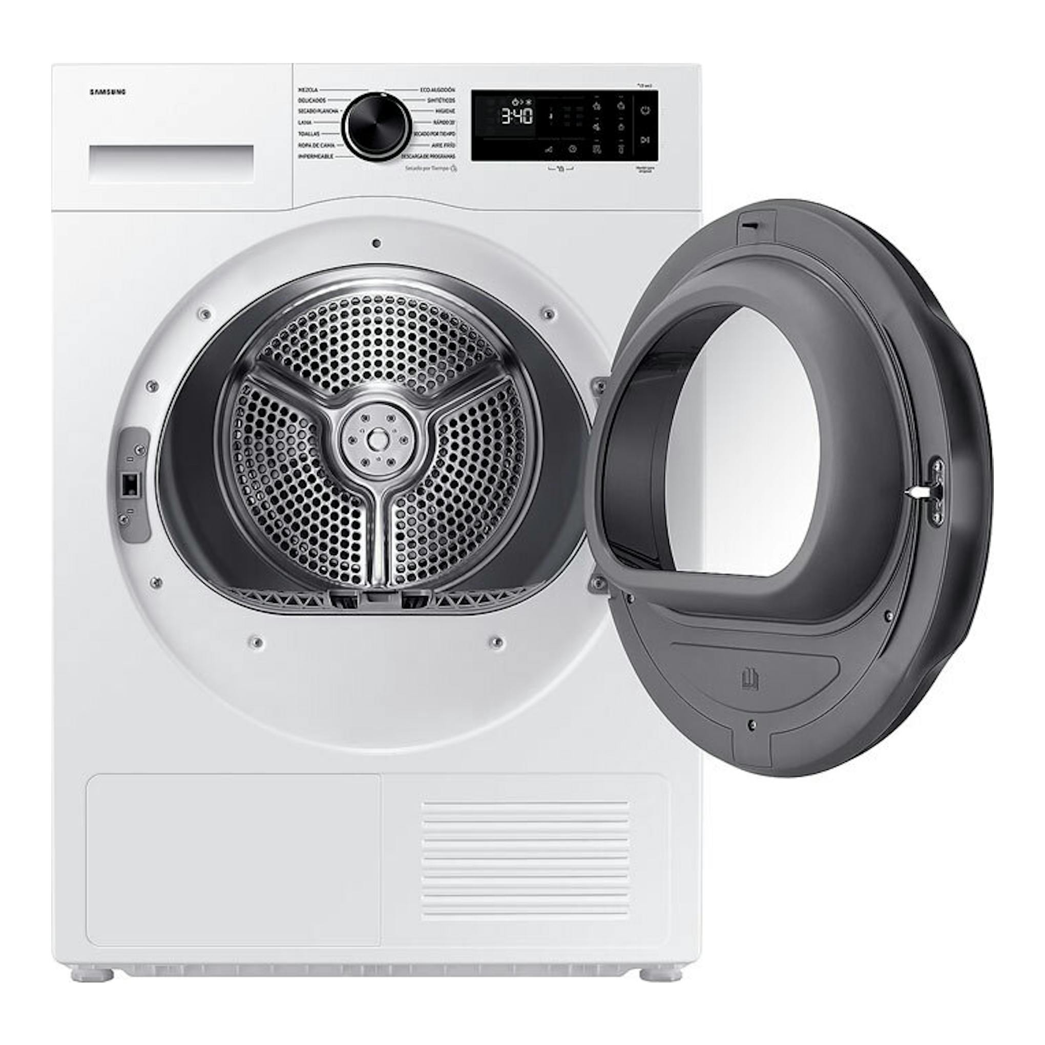 Secadora Samsung DV90DG52A0AEEC blanca, vista frontal con la puerta abierta y panel digital superior.