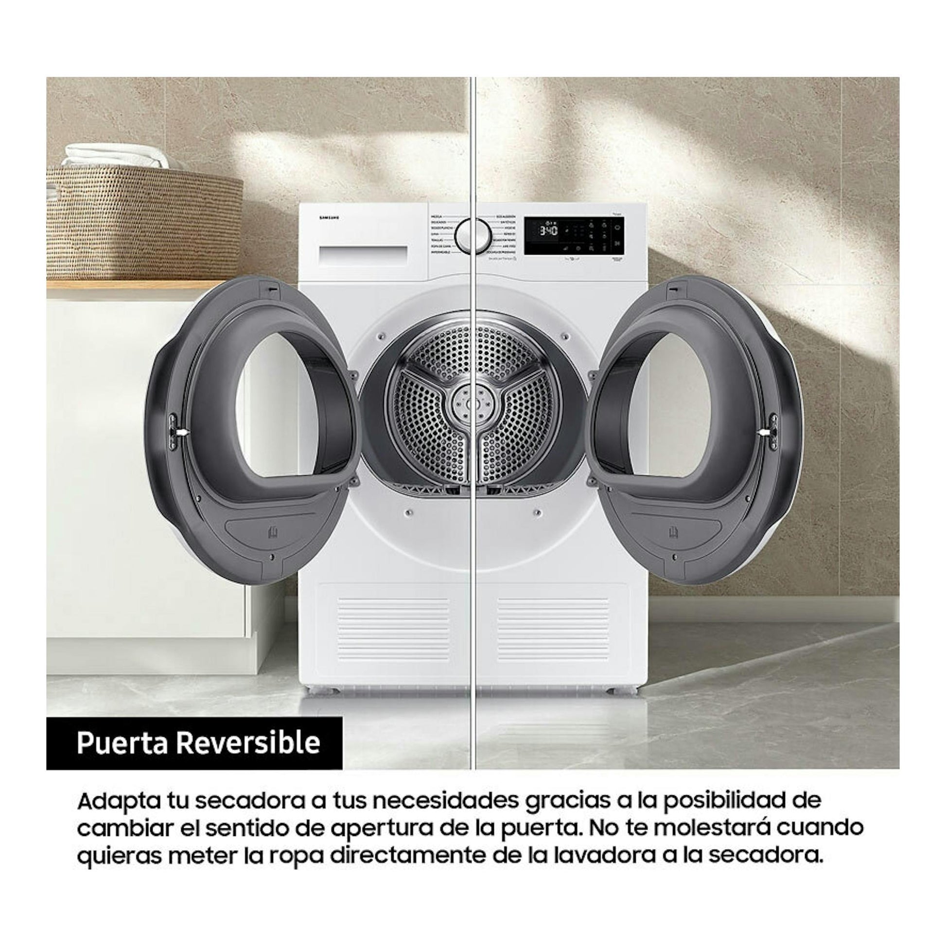 Secadora Samsung DV90DG52A0TEEC blanca, vista frontal, con puerta reversible abierta a ambos lados.