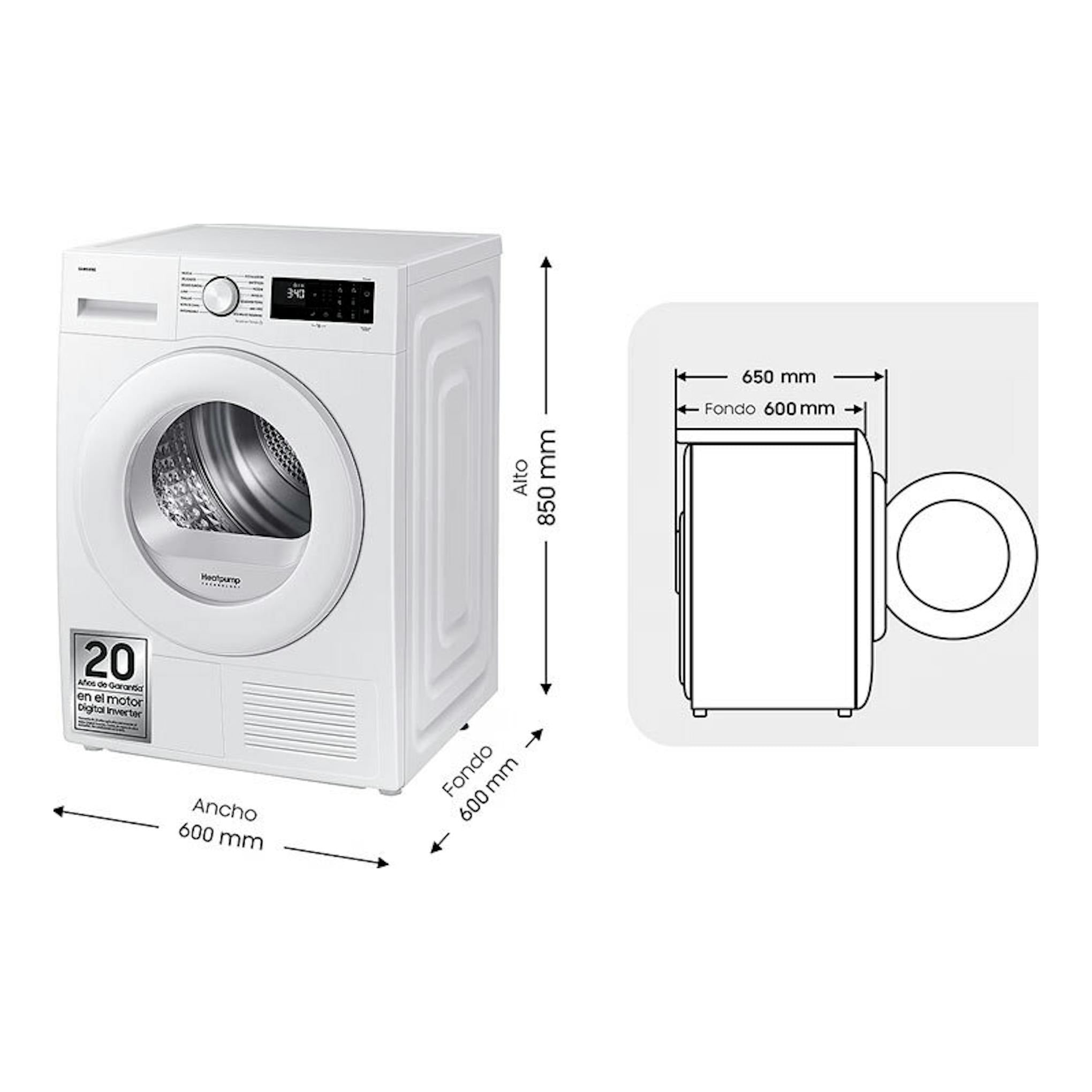 Secadora Samsung DV90DG52A0TEEC blanca, vista frontal en 3/4, con esquema de medidas 600x850 mm.