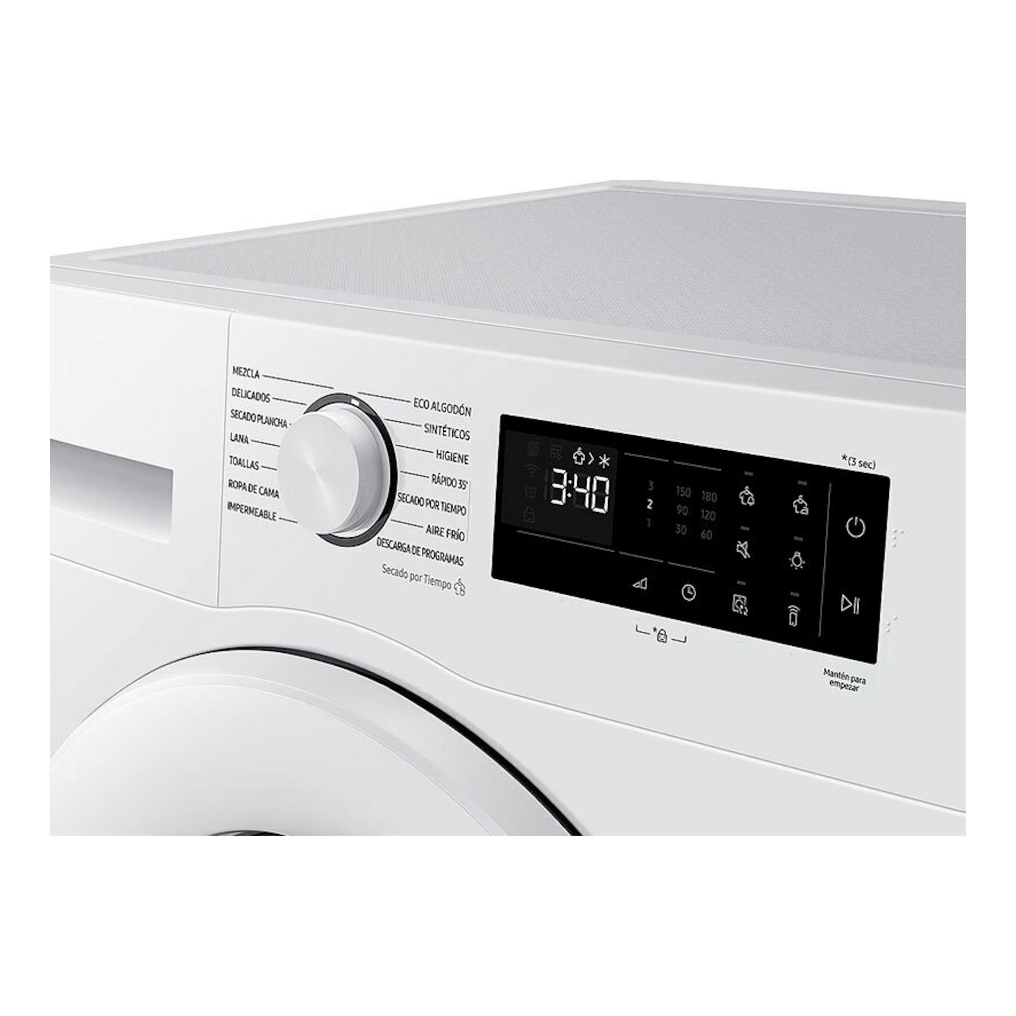 Secadora Samsung DV90DG52A0TEEC blanca, vista frontal en ángulo, con selector de programas y panel digital.