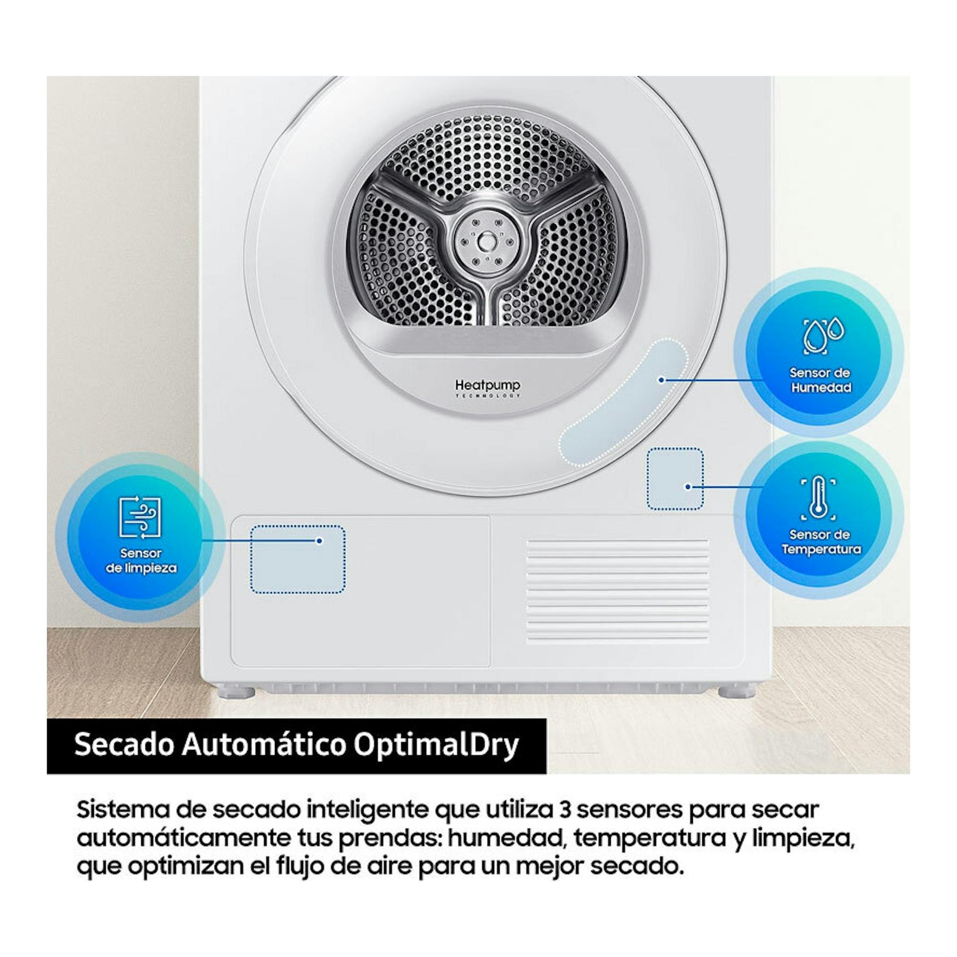 Secadora Samsung DV90DG52A0TEEC blanca, vista frontal, con puerta circular y tecnología Heatpump.