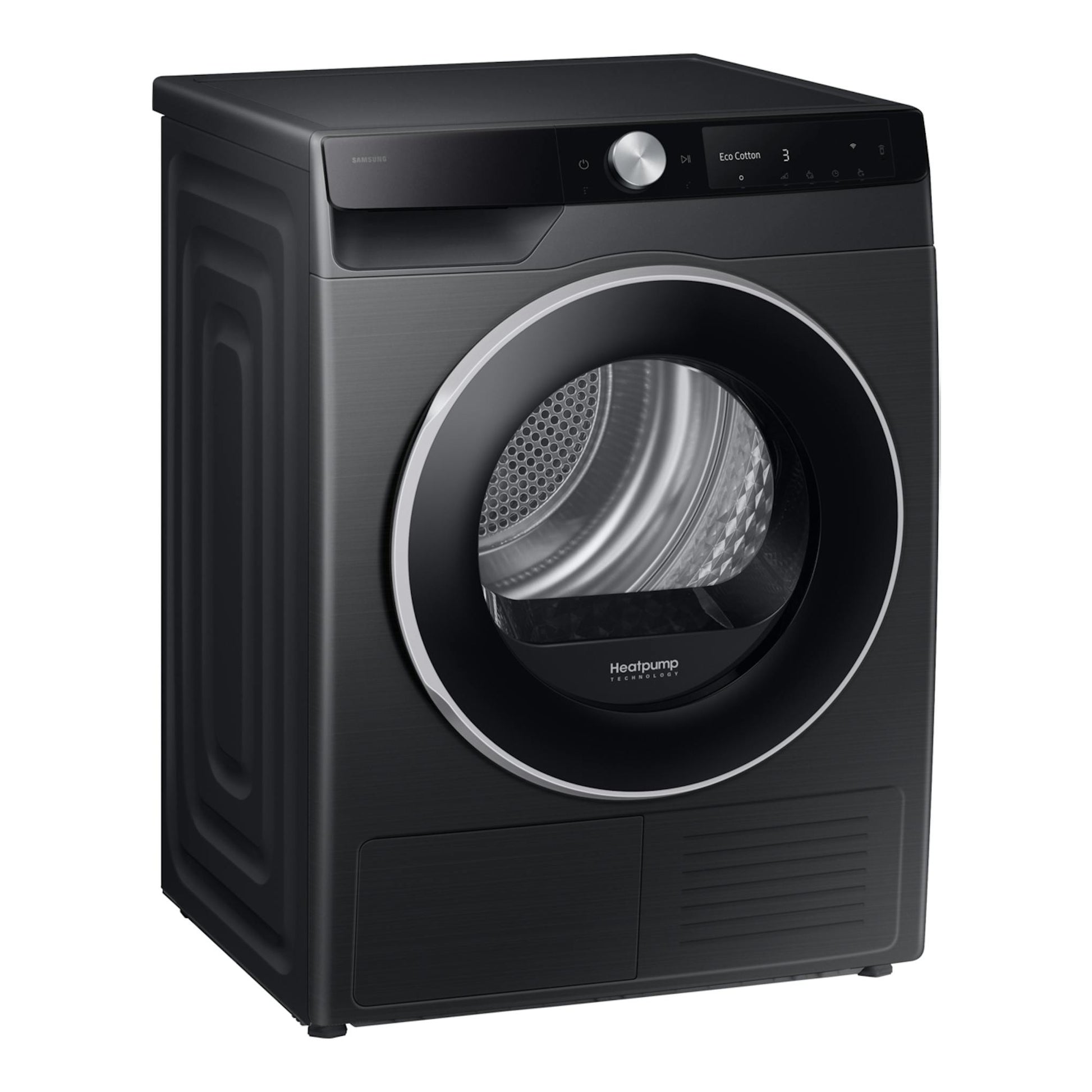 Secadora Samsung DV90DG6845LBU3 negra, vista frontal en tres cuartos, con puerta circular y panel digital.
