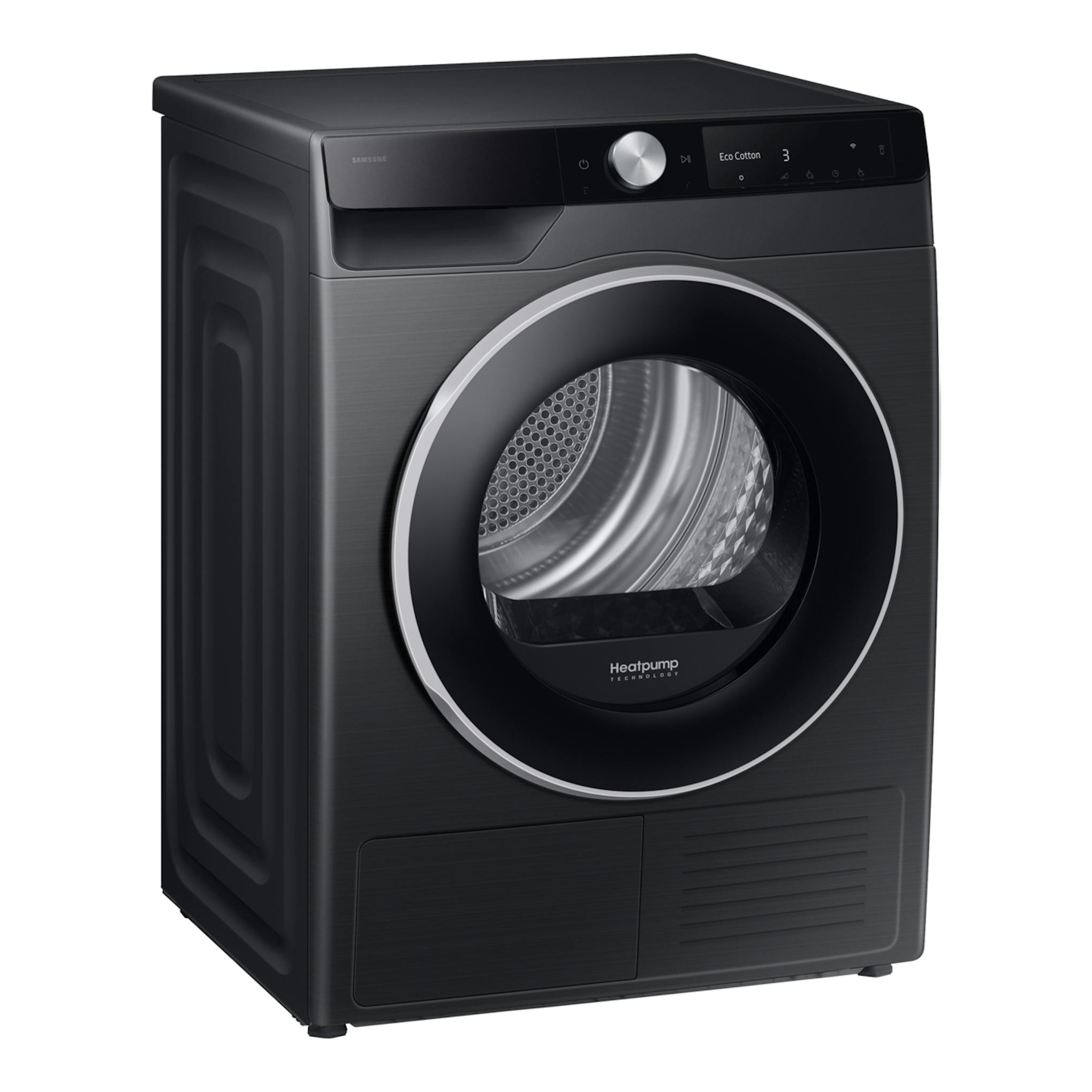 Secadora Samsung DV90DG6845LBU3 negra, vista frontal en tres cuartos, con puerta circular y panel digital.