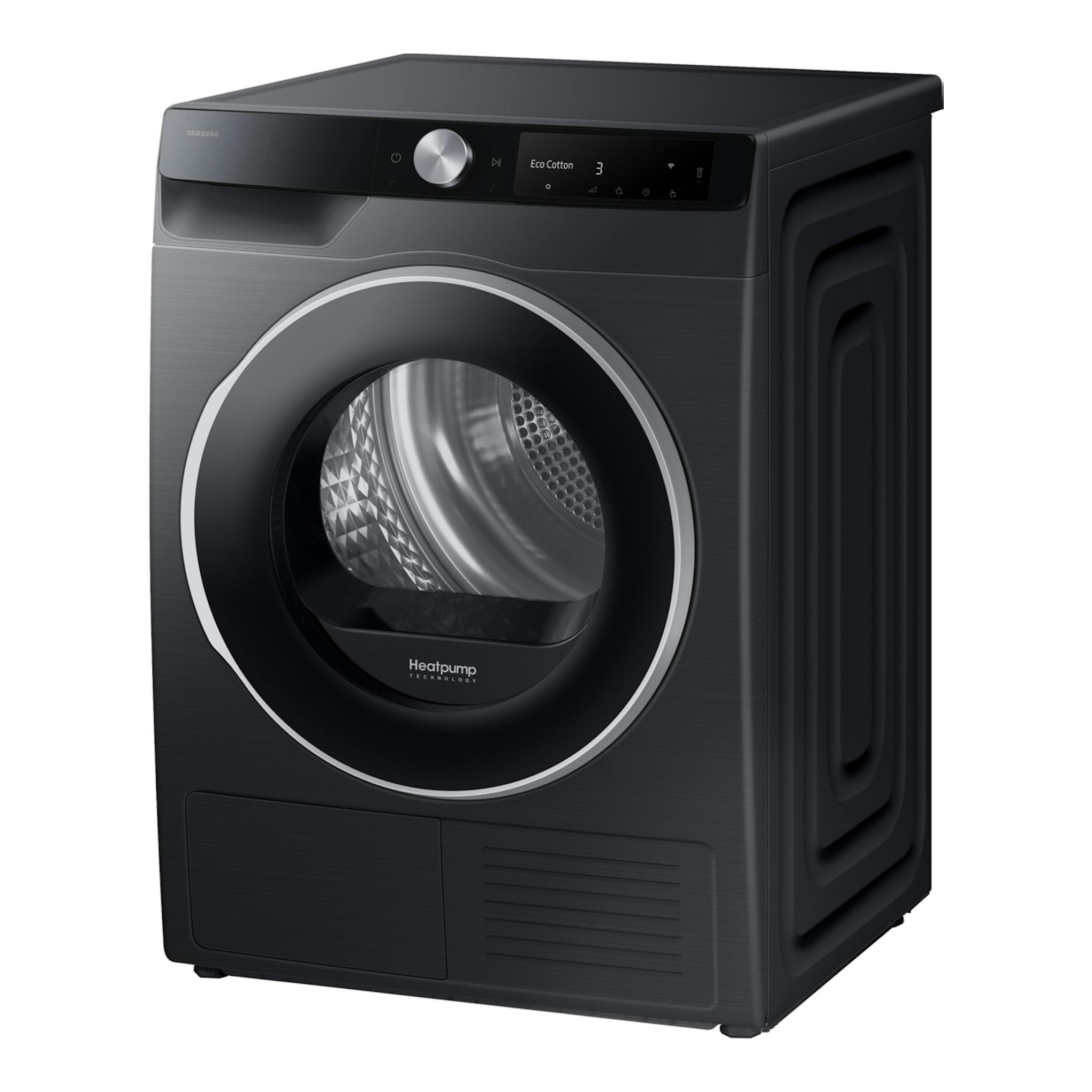 Secadora Samsung DV90DG6845LBU3 negra, vista frontal en tres cuartos, con puerta circular y panel superior.