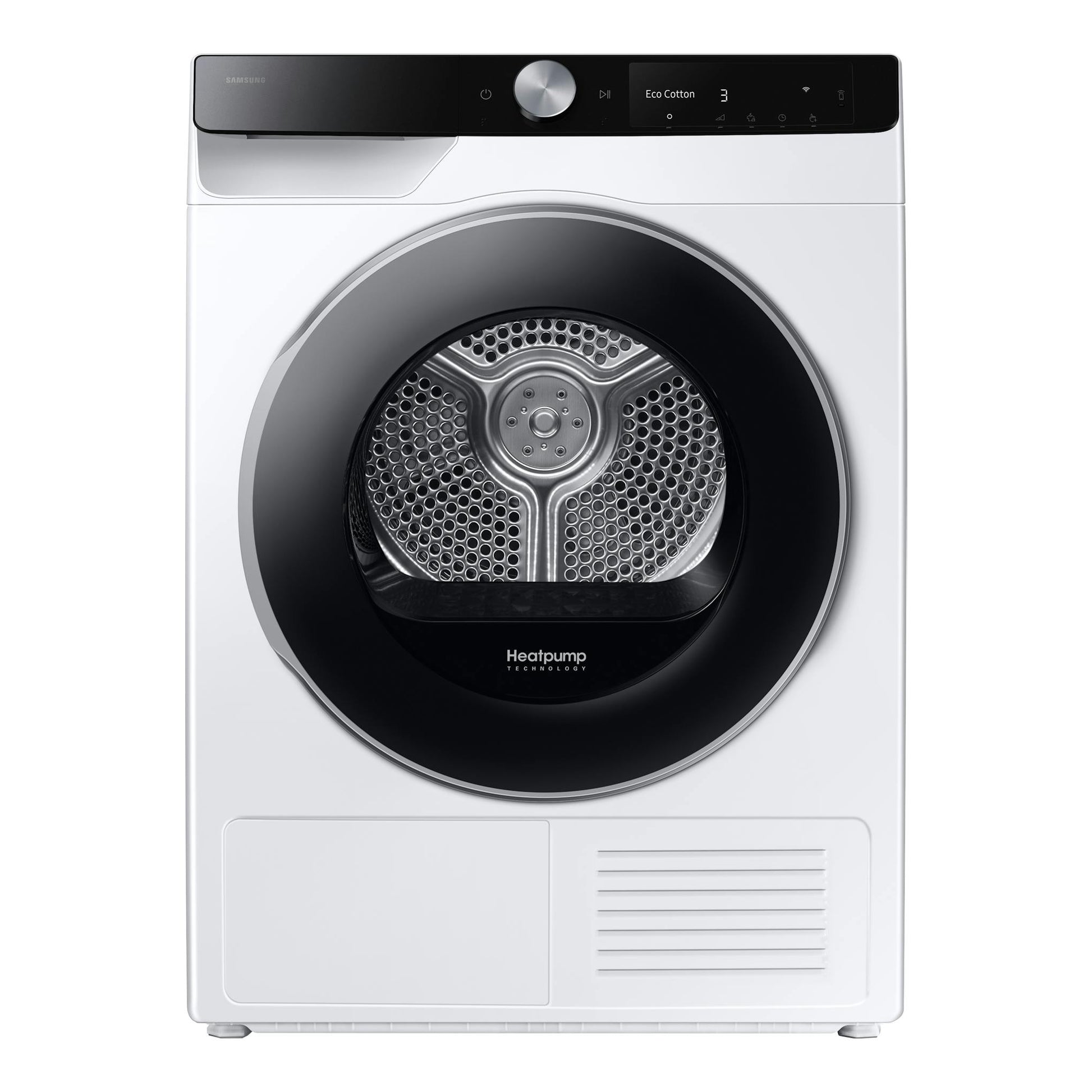Secadora Samsung DV90DG6845LKU3 blanca, vista frontal, con puerta circular negra y panel superior negro.