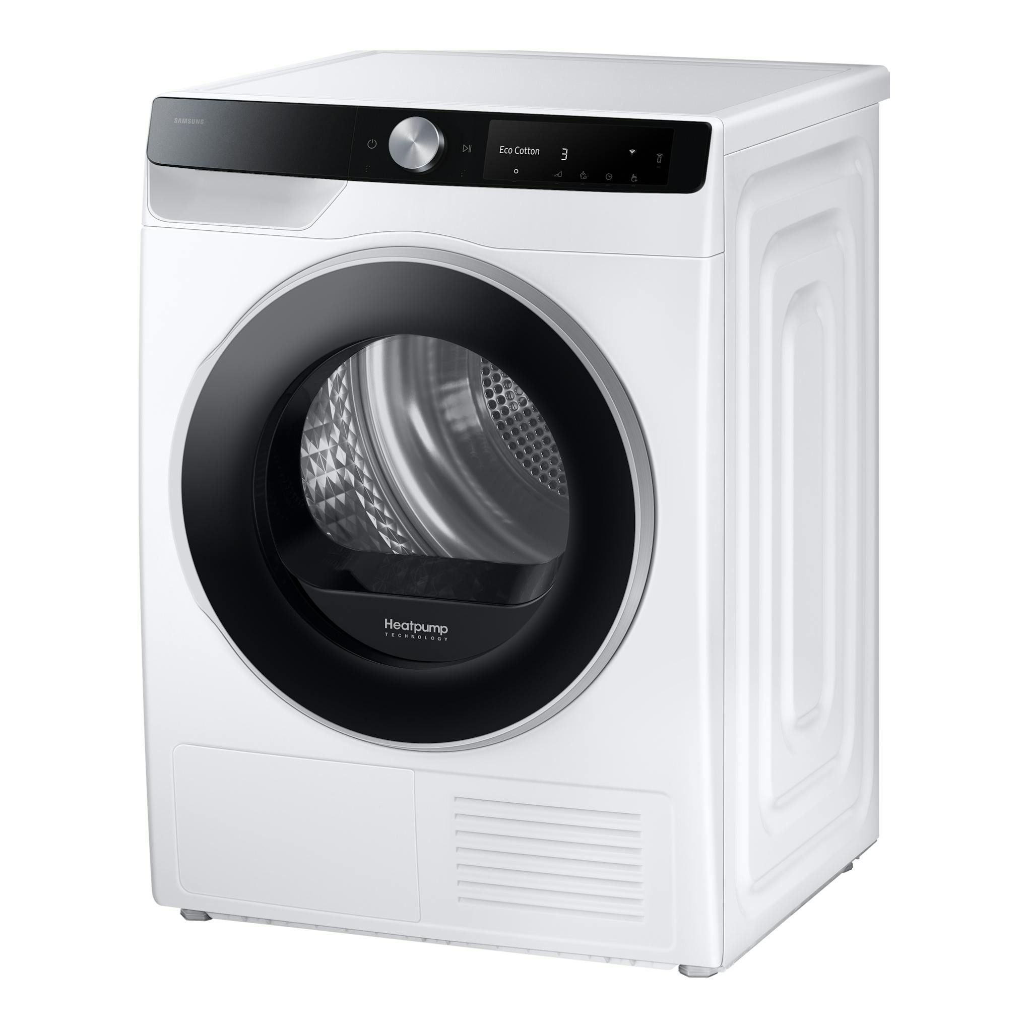 Secadora Samsung DV90DG6845LKU3 blanca, vista frontal en ángulo, con puerta circular negra y panel superior.