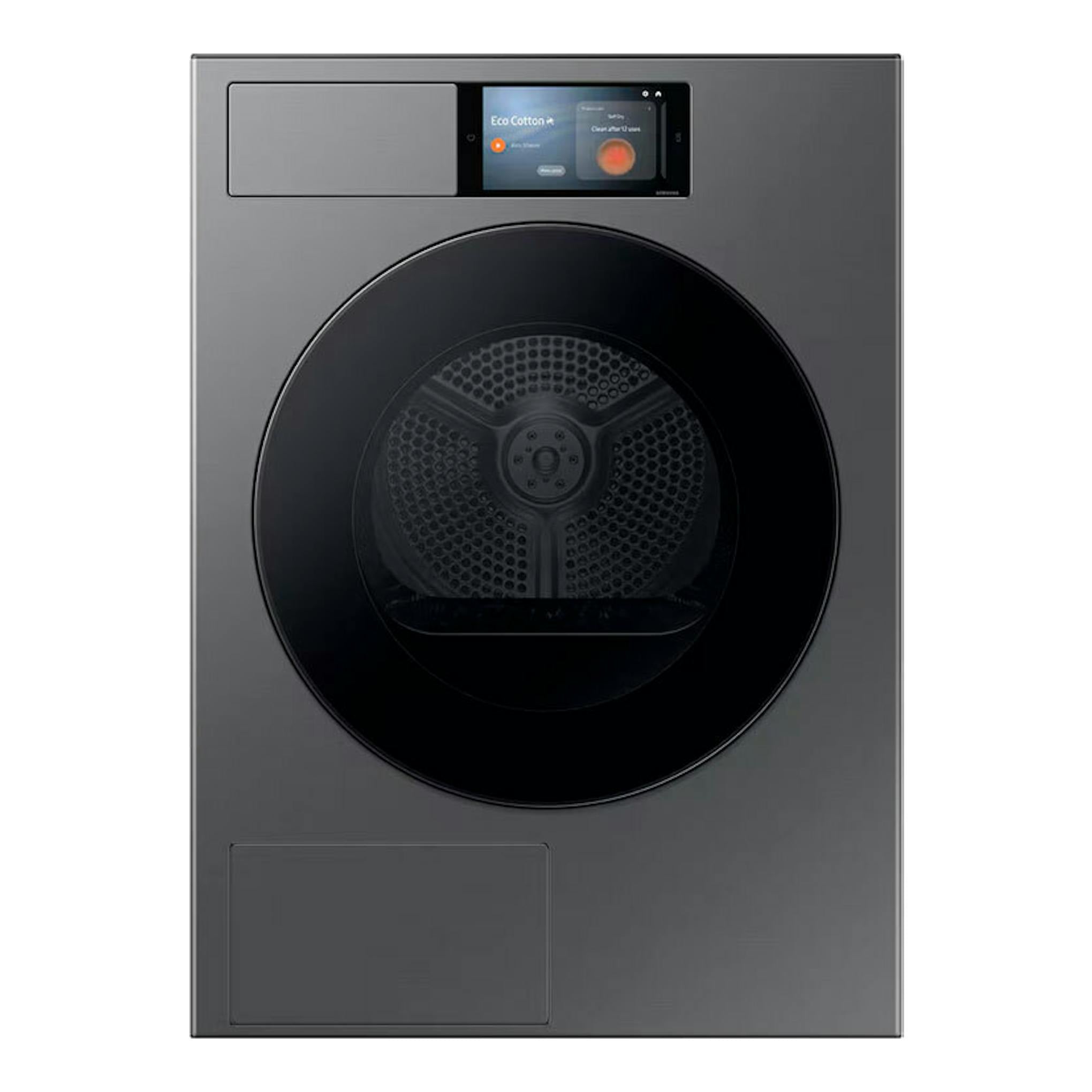 Secadora Samsung DV90F09F4SU3 gris, vista frontal, con puerta negra circular y panel táctil superior.