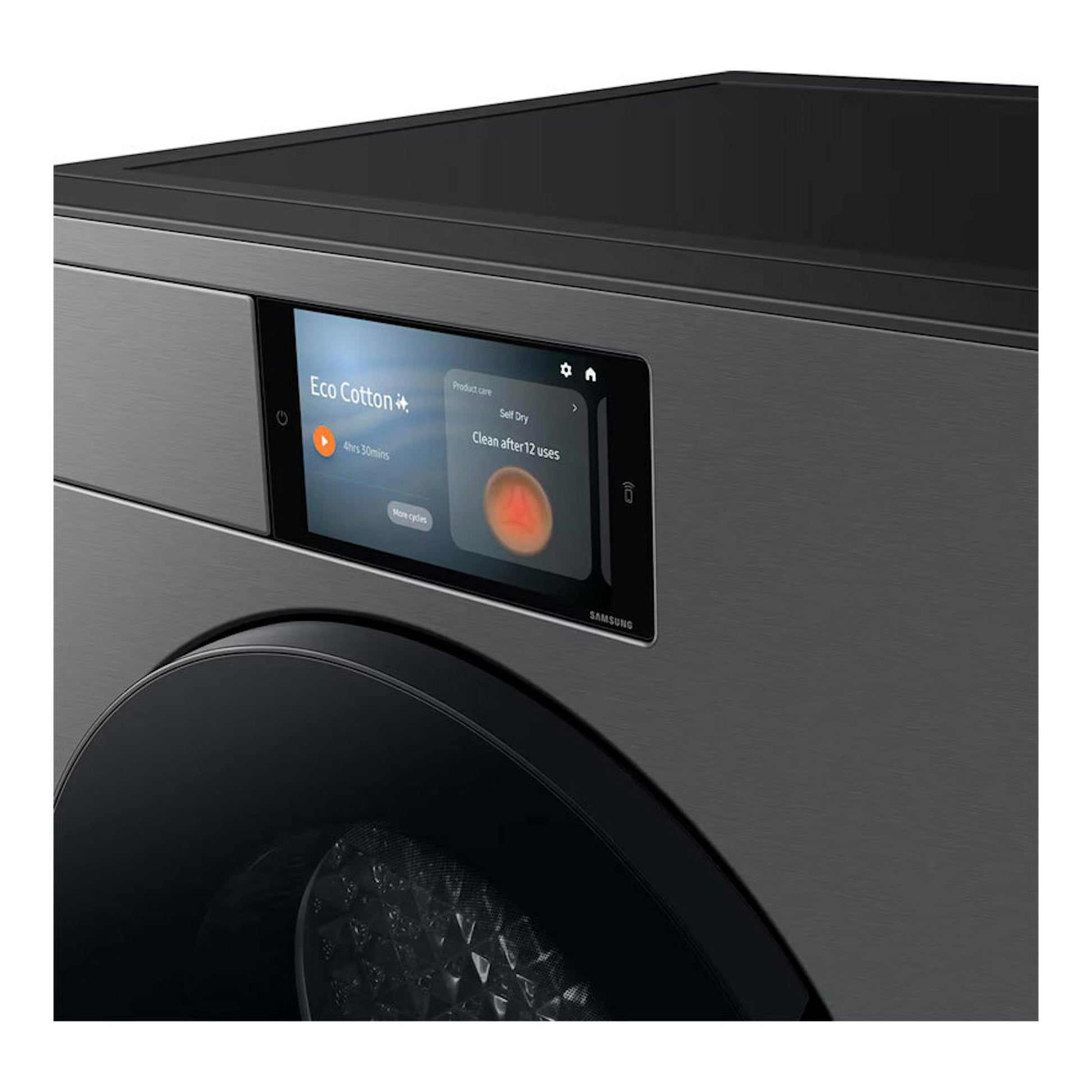 Secadora Samsung DV90F09F4SU3 gris oscuro, vista frontal parcial con panel táctil y puerta negra.