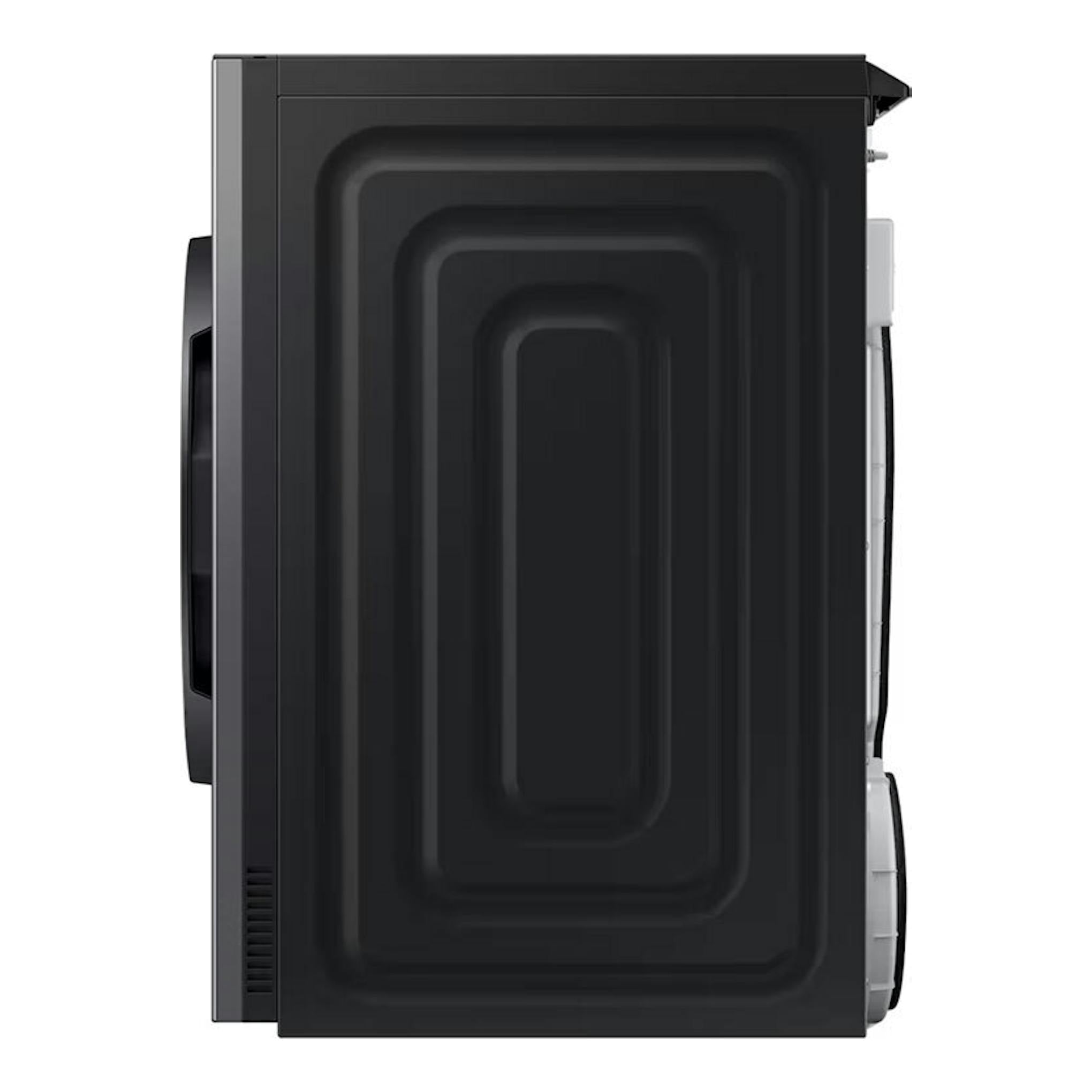 Secadora Samsung DV90F09F4SU3 negra, vista lateral, con panel frontal curvo y detalles grises.