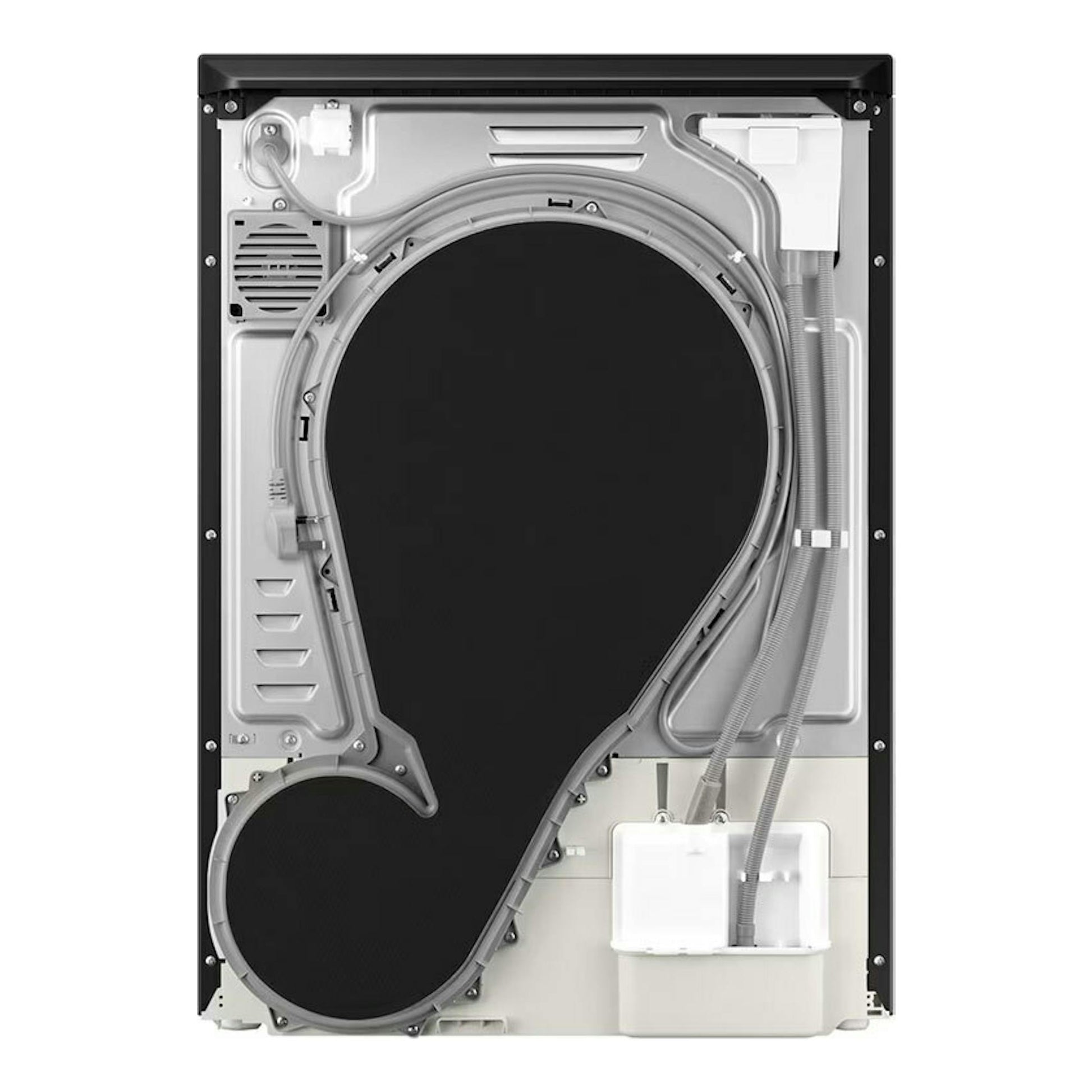 Secadora Samsung DV90F09F4SU3, vista trasera del panel interno en color blanco y negro.