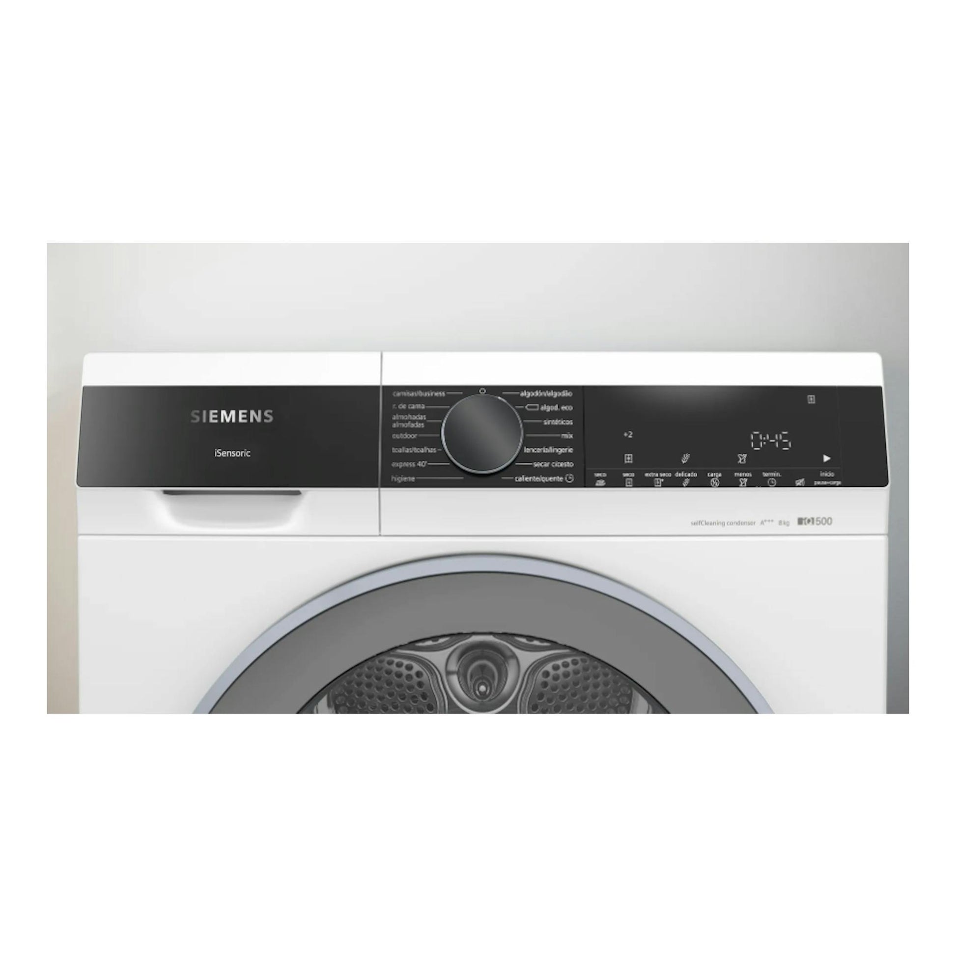 Secadora Siemens WQ35G2D0ES iQ500 blanca, vista frontal, con panel negro y puerta circular gris.