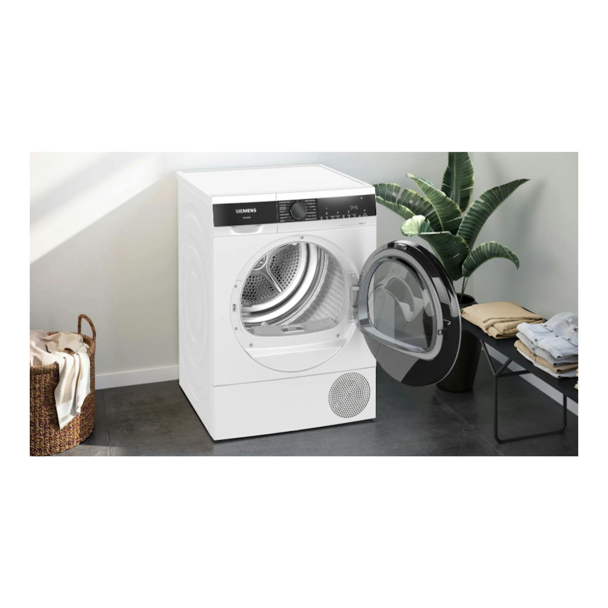 Secadora Siemens WQ35G2D0ES blanca, vista frontal con la puerta abierta.