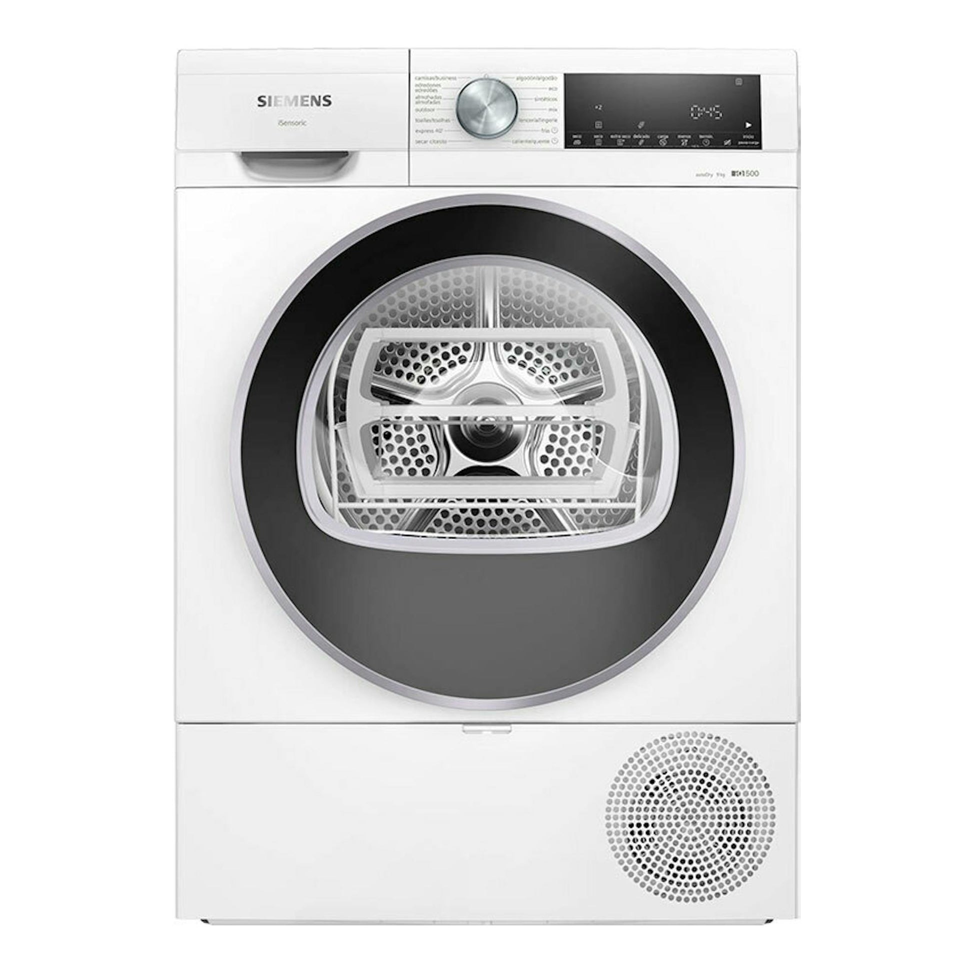 Secadora Siemens WQ42G200ES blanca, vista frontal, con puerta circular negra y panel de control superior.