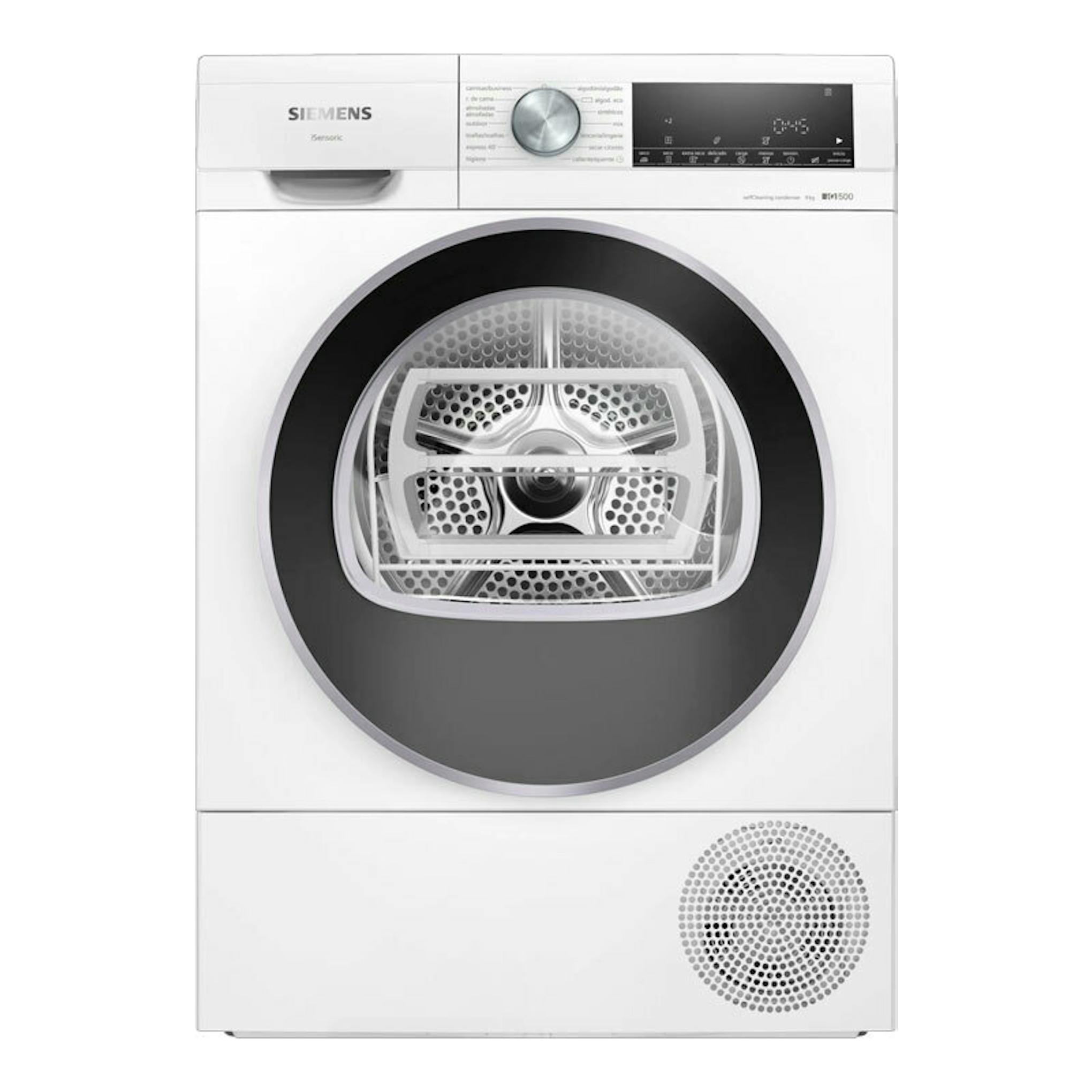 Secadora Siemens WQ45G2D0ES de 9 kg, blanca, vista frontal, con puerta circular negra y panel superior.