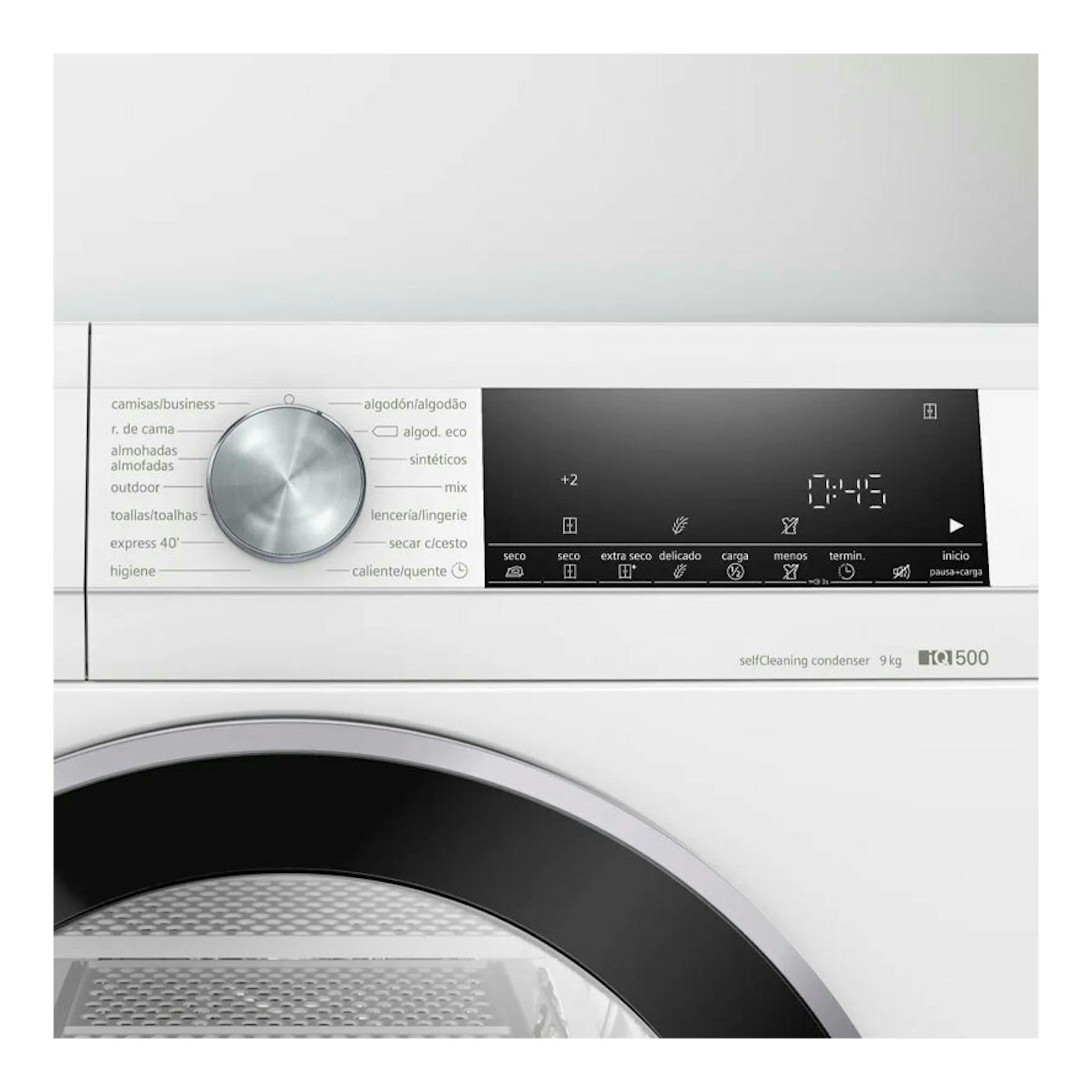 Secadora Siemens WQ45G2D0ES blanca, vista frontal, con panel digital y puerta circular.