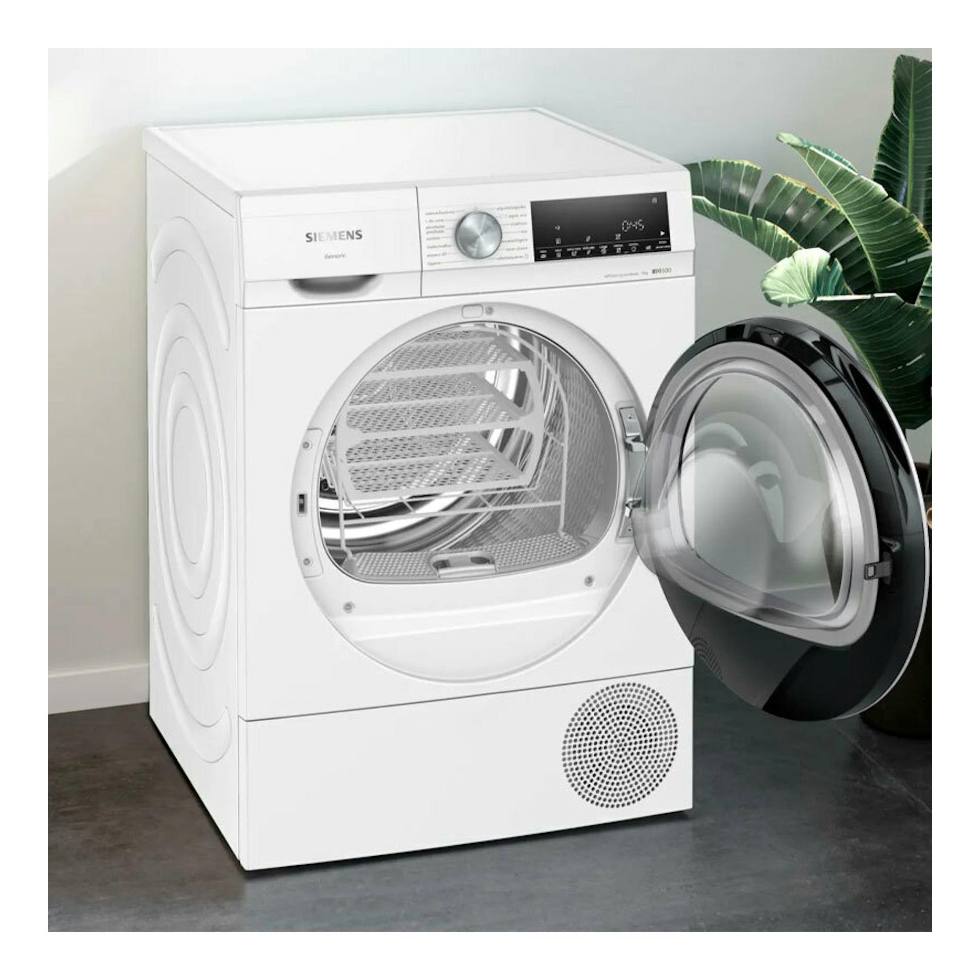 Secadora Siemens WQ45G2D0ES blanca, vista frontal, con la puerta abierta.