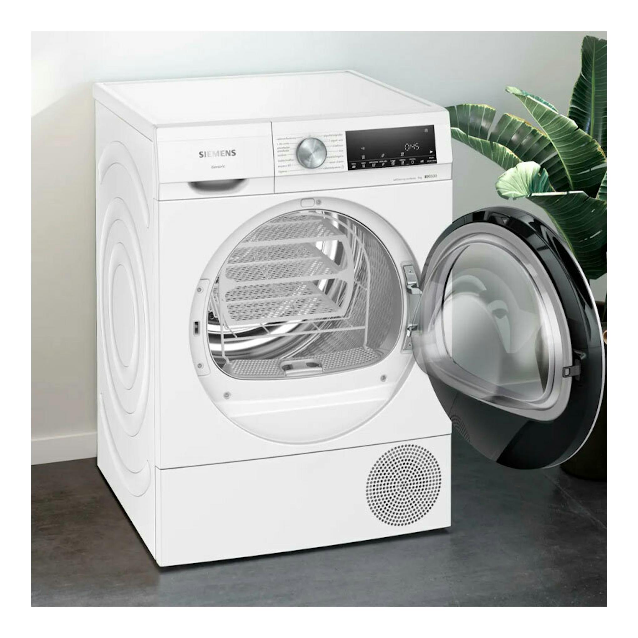 Secadora Siemens WQ45G2D0ES blanca, vista frontal, con la puerta abierta.