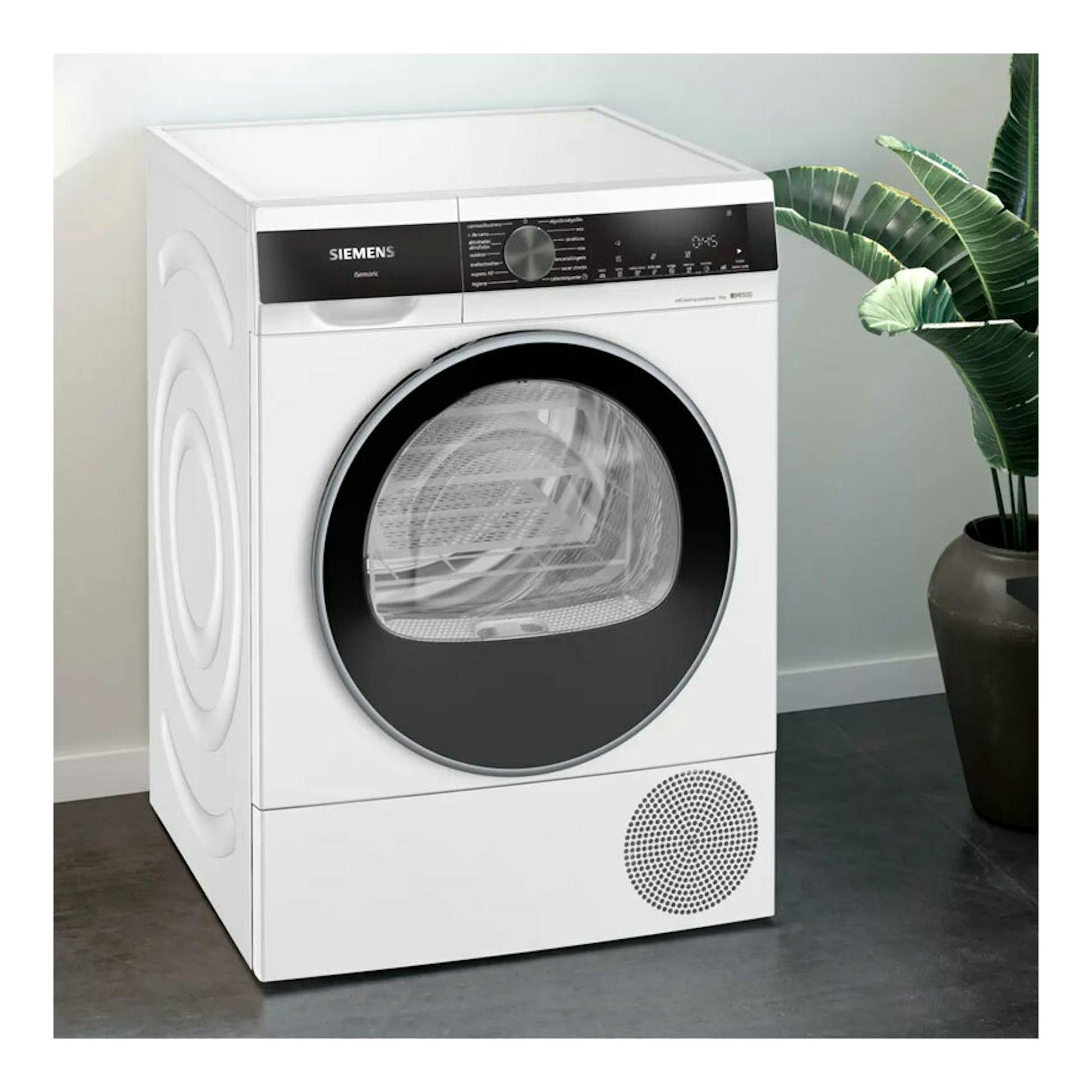 Secadora Siemens WQ45G2D1ES blanca, vista frontal en ángulo, con puerta negra circular y panel superior.