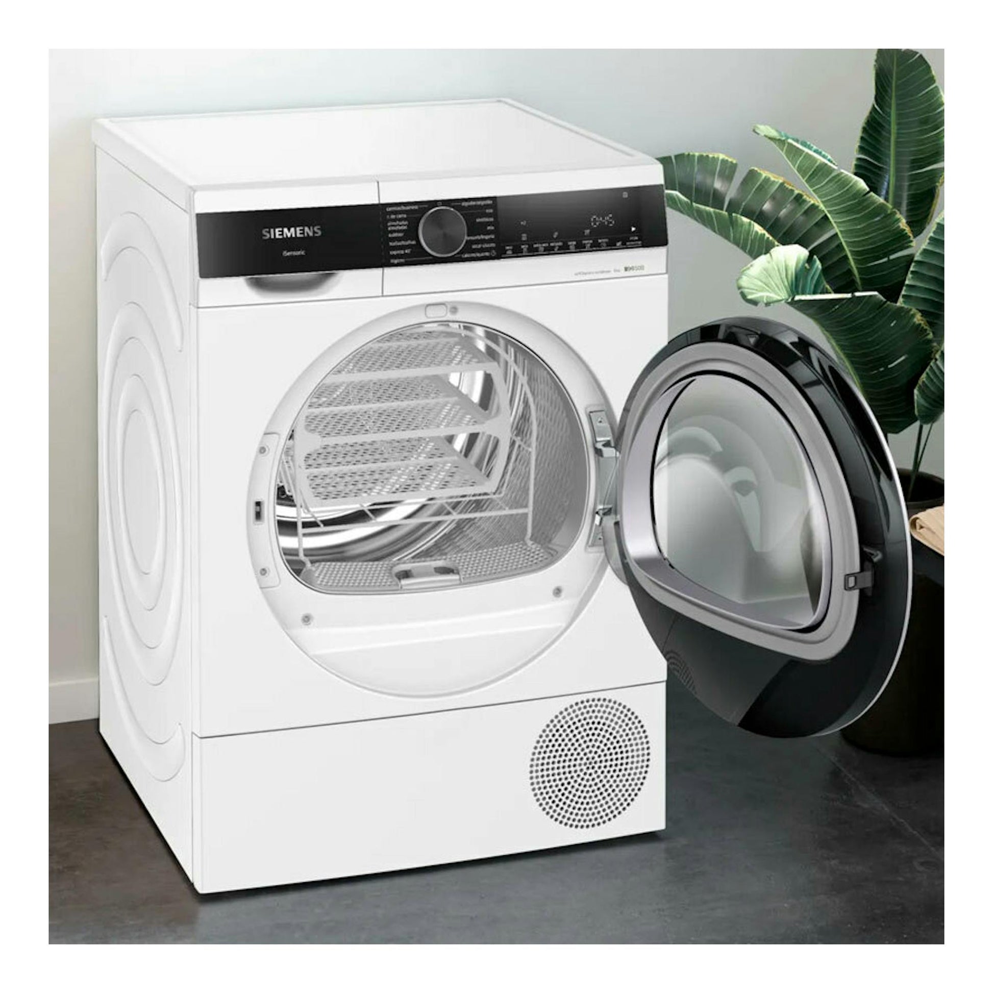 Secadora Siemens WQ45G2D1ES blanca, vista frontal tres cuartos, con puerta abierta.