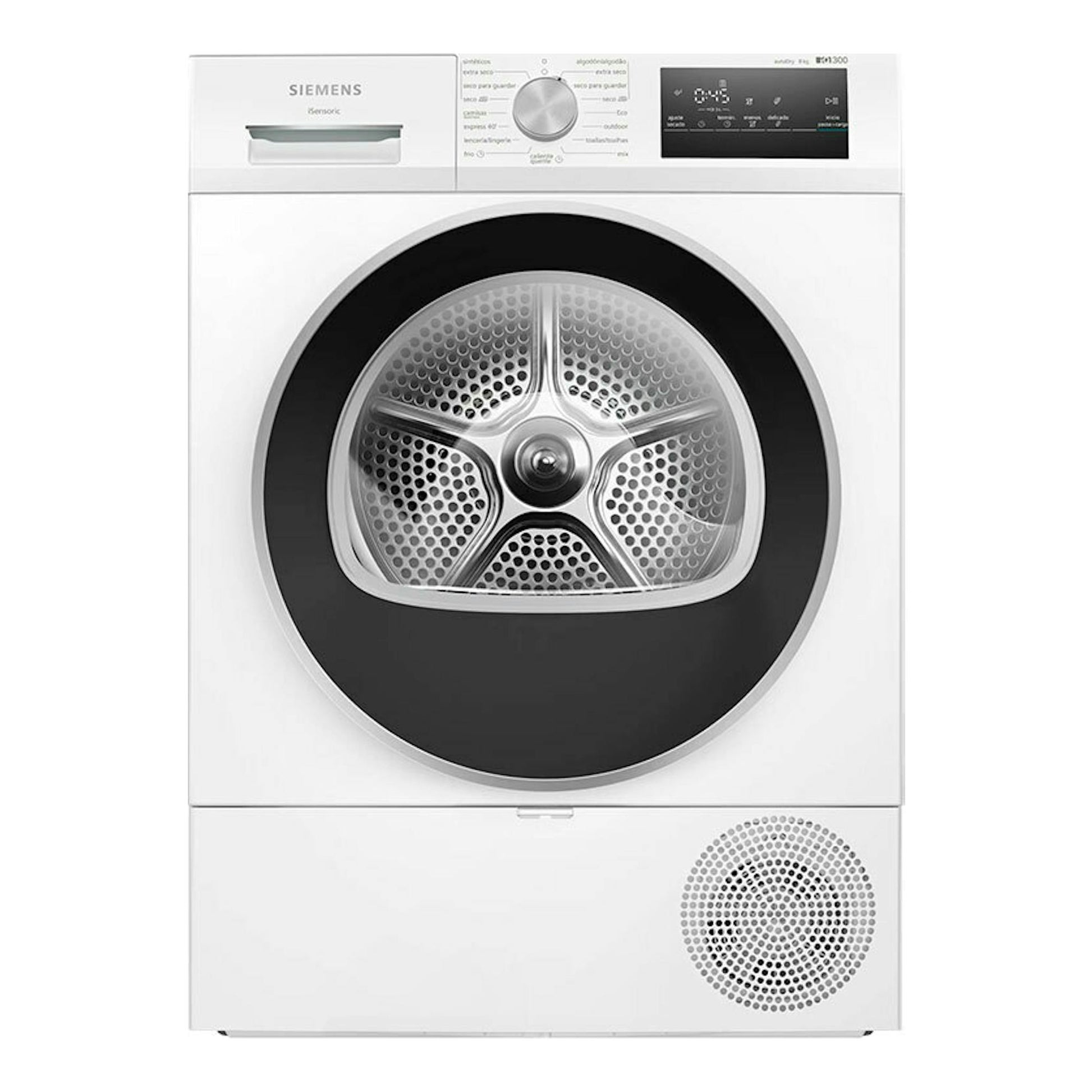 Secadora Siemens WT45HV00ES blanca, vista frontal, con puerta circular negra y panel superior.