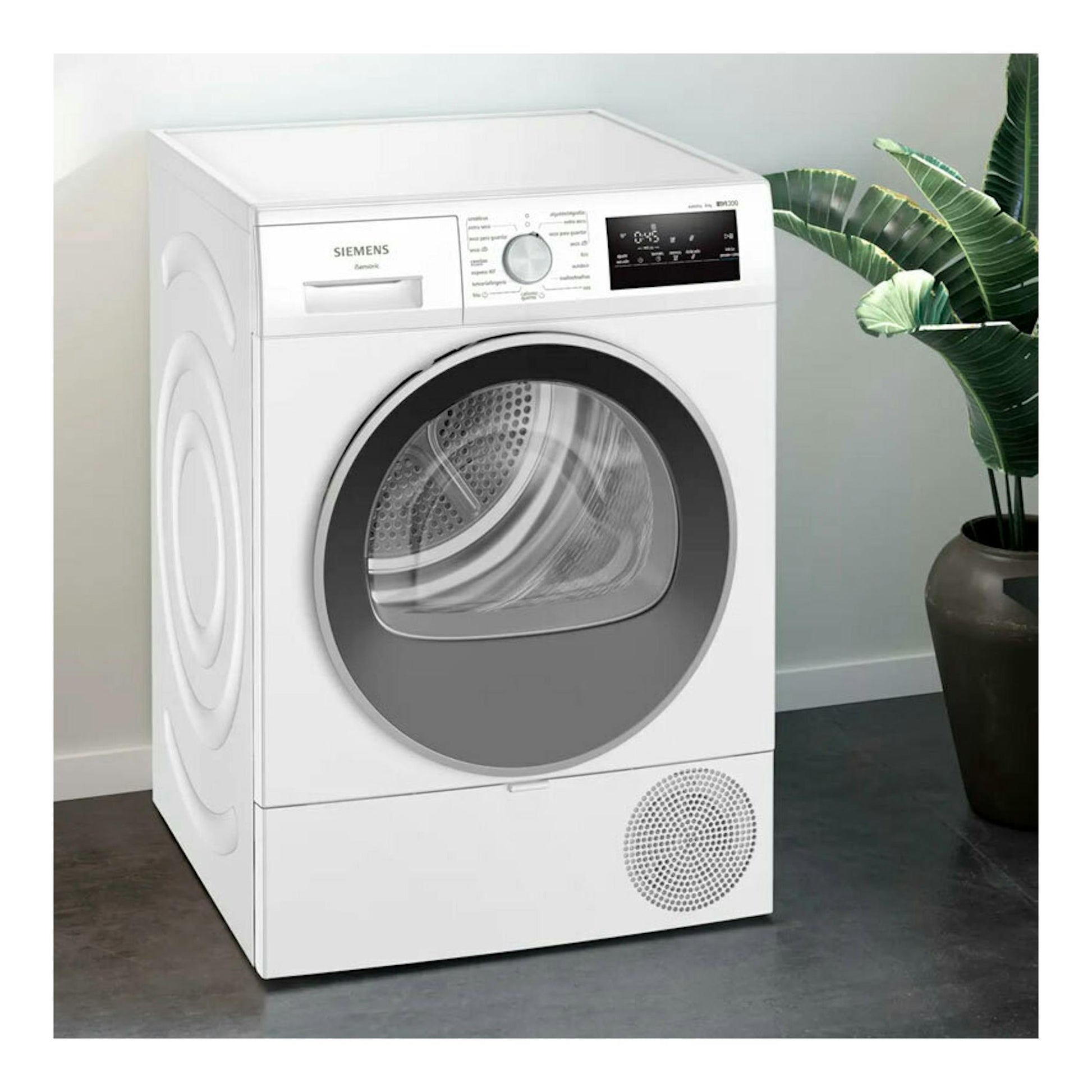 Secadora Siemens WT45HV00ES blanca, vista frontal en ángulo, con puerta circular y panel digital.