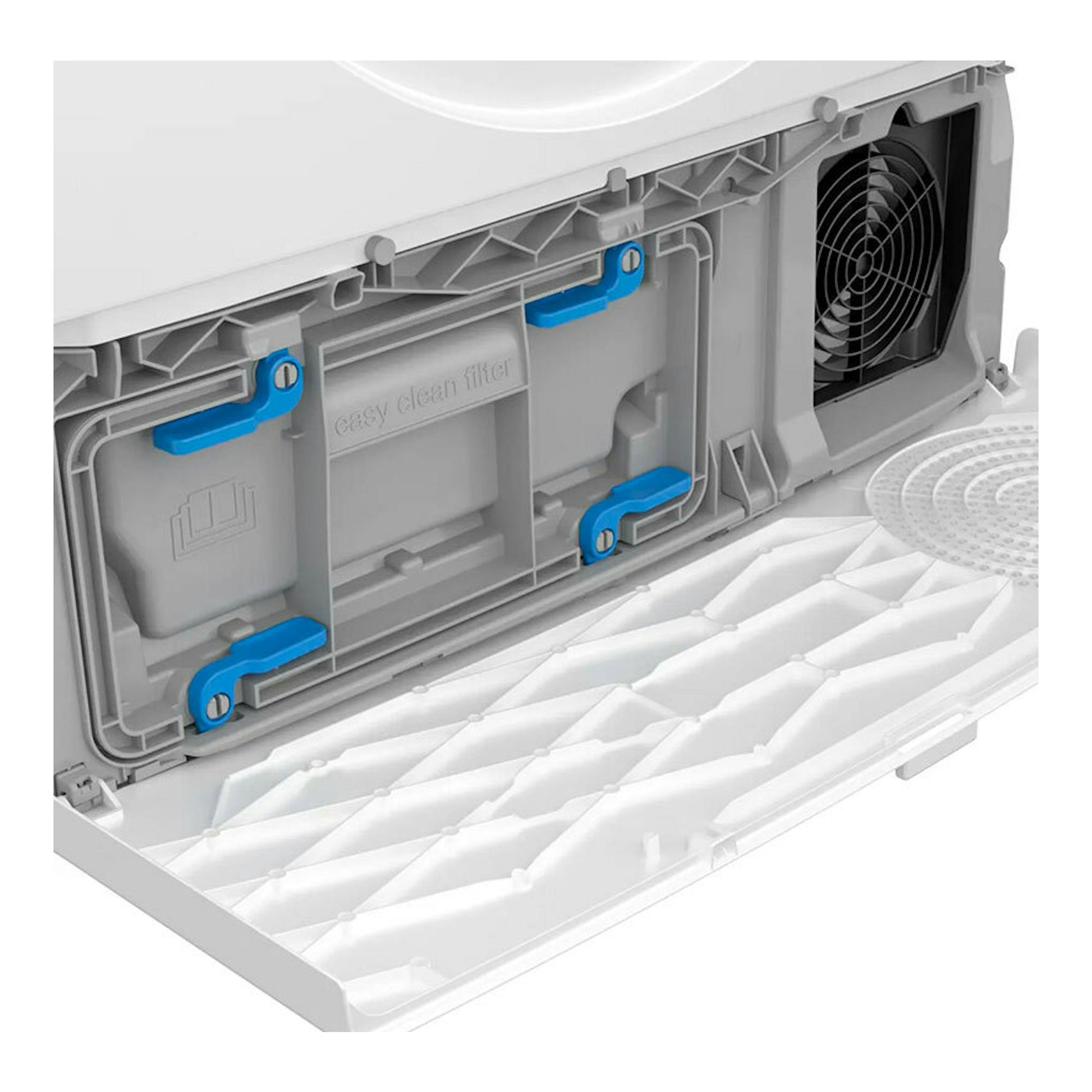 Secadora Siemens WT45HV00ES en vista frontal del filtro, interior gris y blanco con piezas azules.