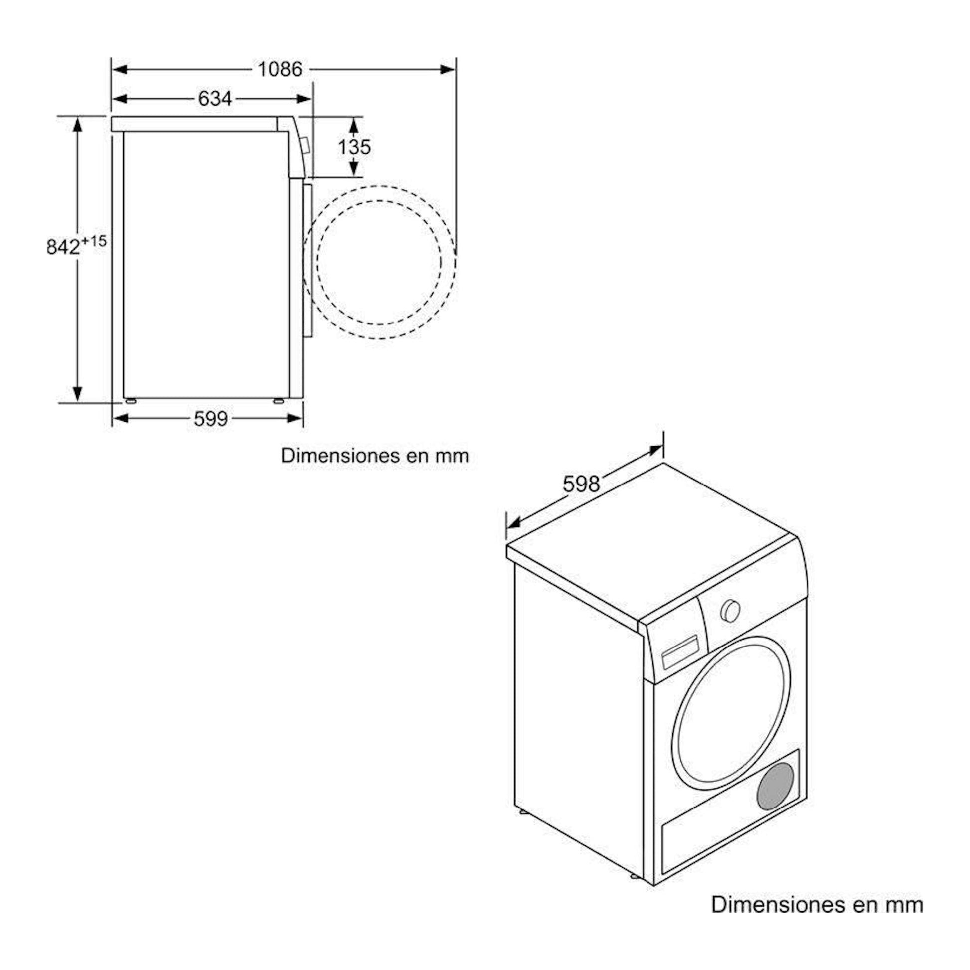 Secadora Siemens WT47R461ES blanca, vista esquemática frontal e isométrica con dimensiones en mm.