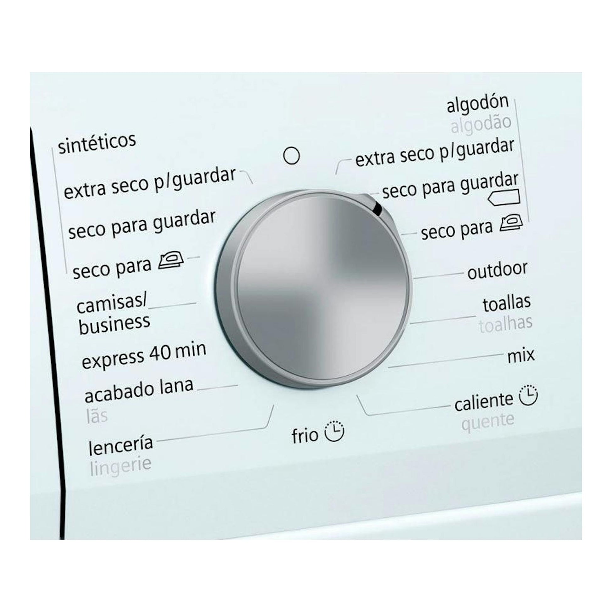 Detalle en primer plano del selector de programas de una secadora Siemens WT47R461ES blanca.