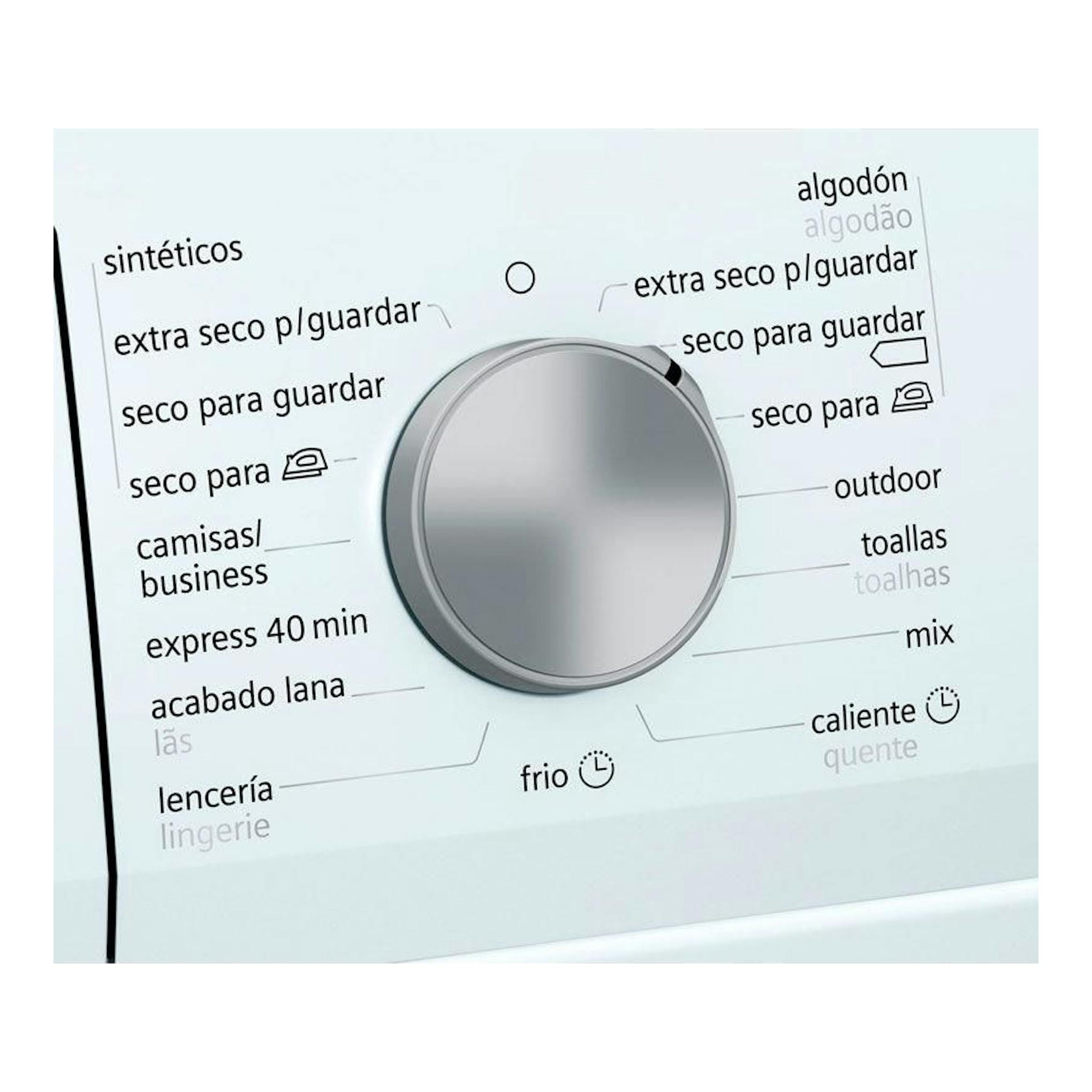 Detalle en primer plano del selector de programas de una secadora Siemens WT47R461ES blanca.