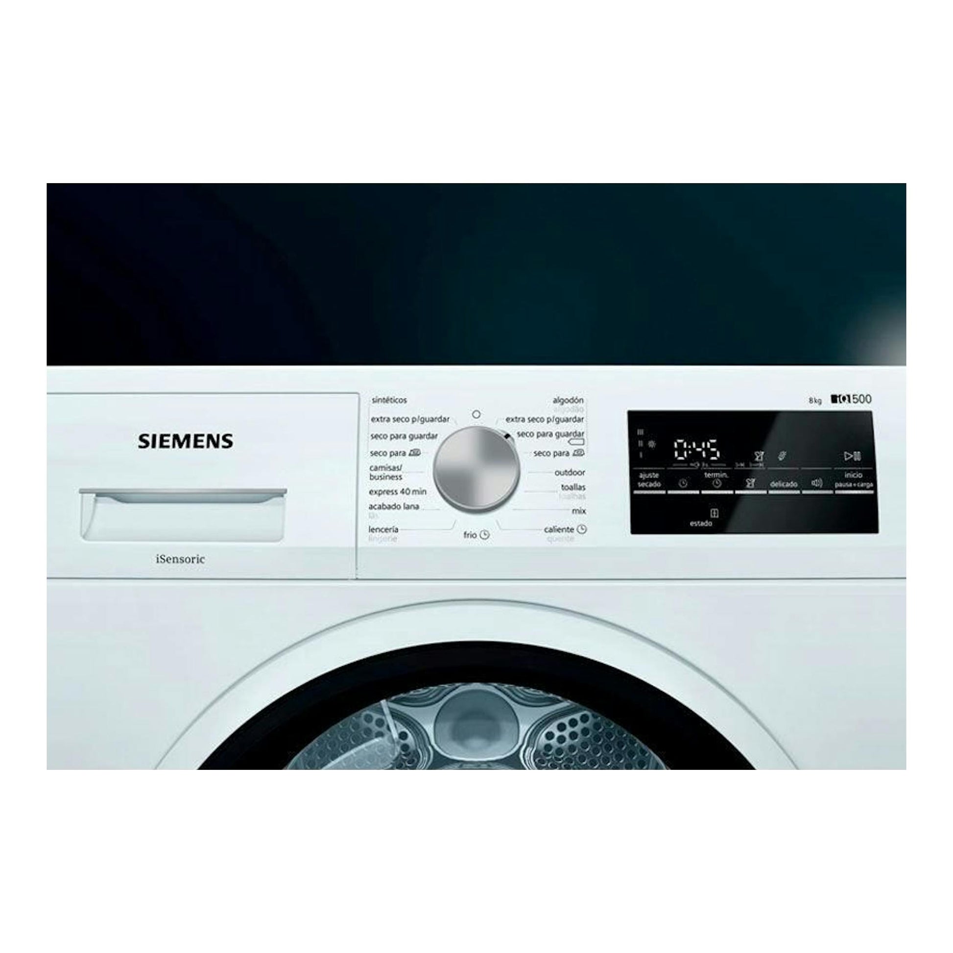 Secadora Siemens WT47R461ES blanca, vista frontal parcial, con selector central y panel digital negro.