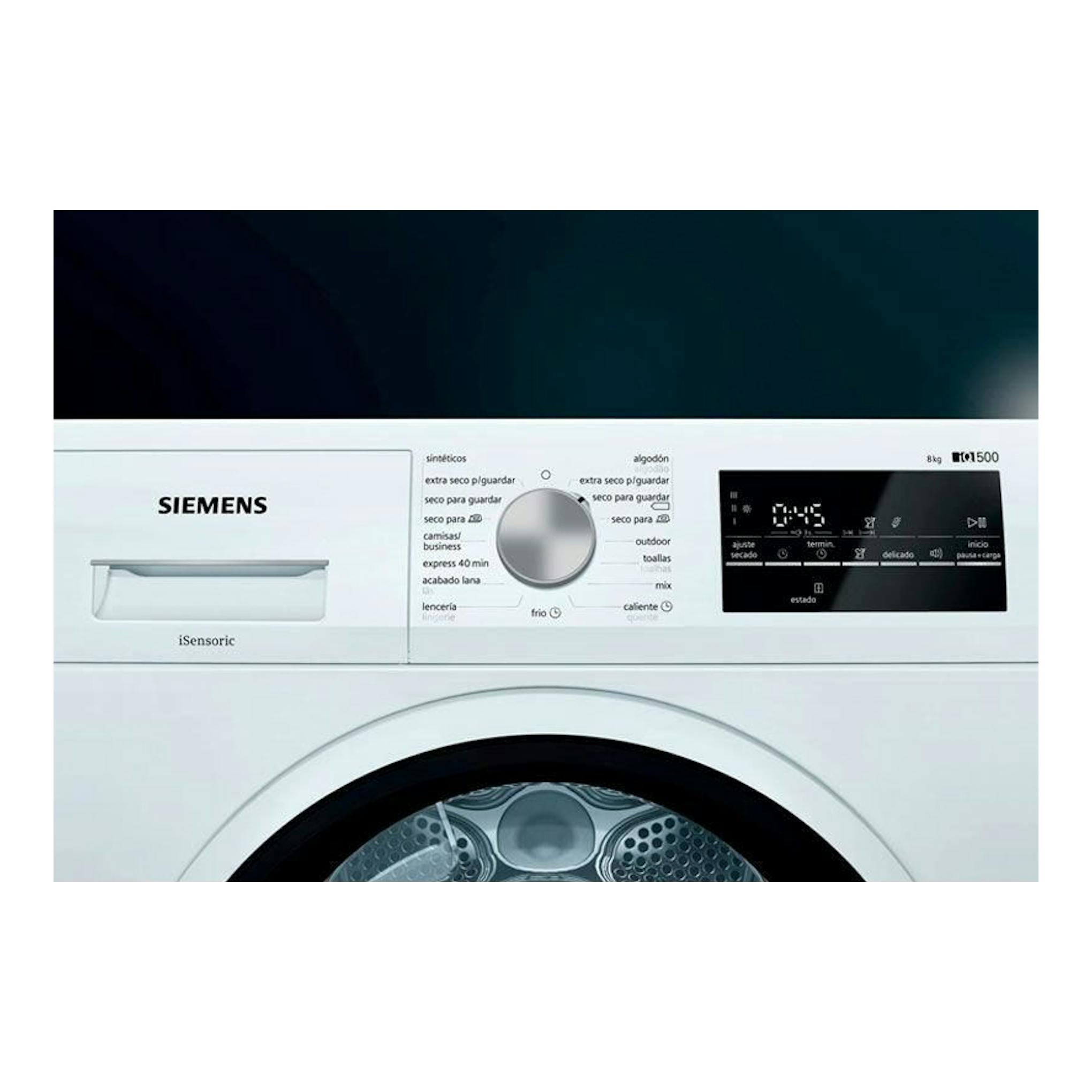 Secadora Siemens WT47R461ES blanca, vista frontal parcial, con selector central y panel digital negro.